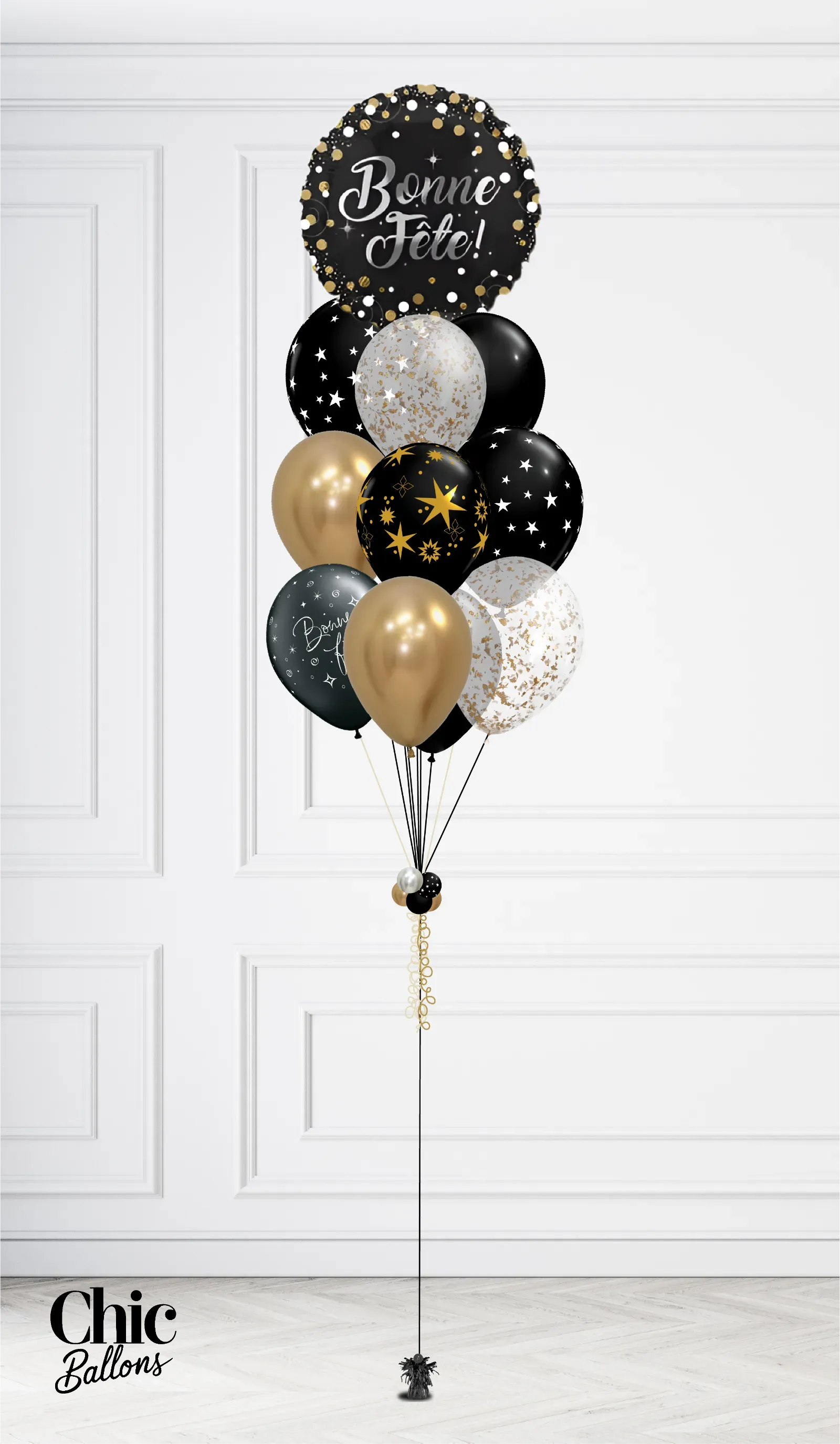 Bouquet de 12 ballons - Noir, blanc, or et confettis