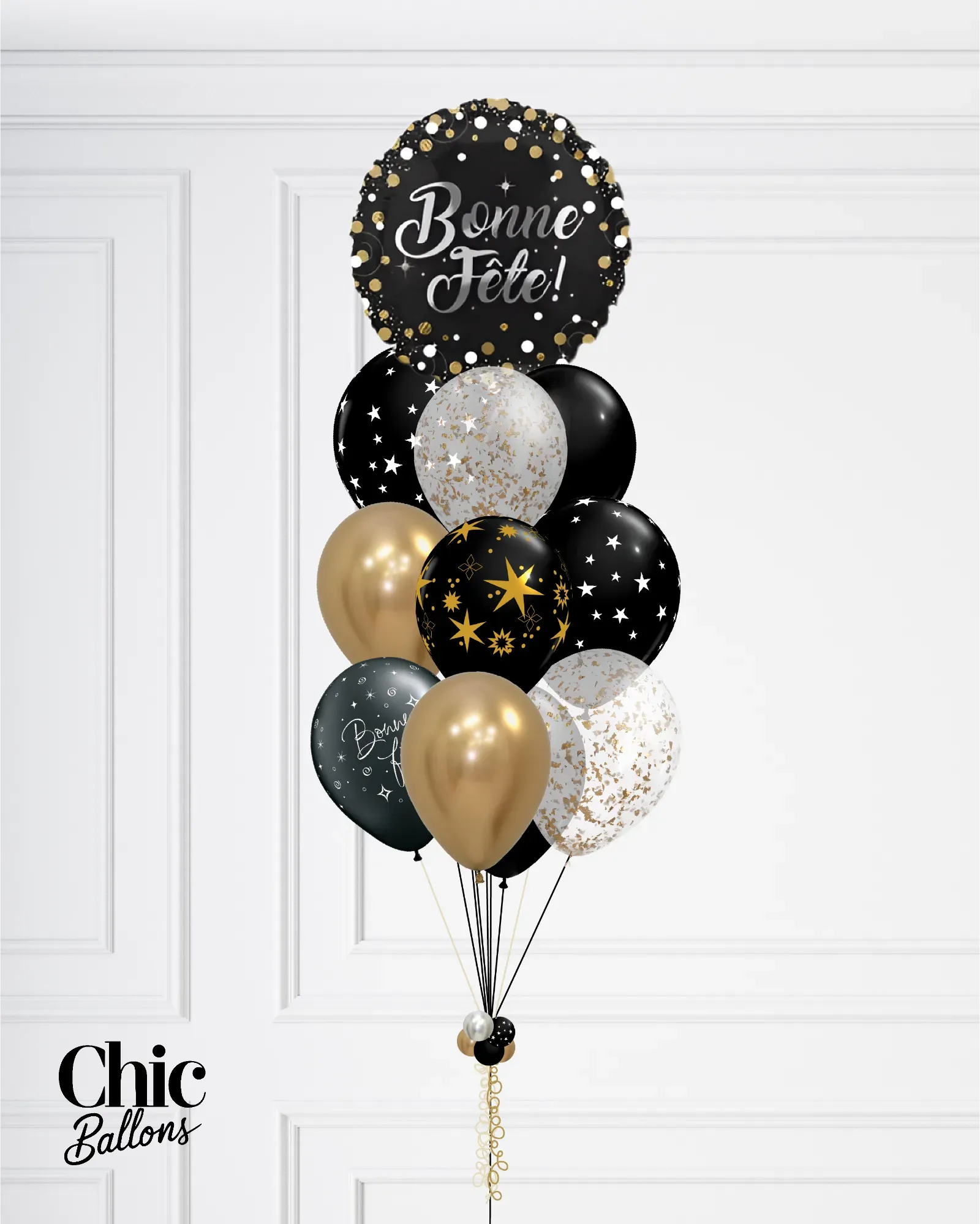 Bouquet de 12 ballons - Noir, blanc, or et confettis