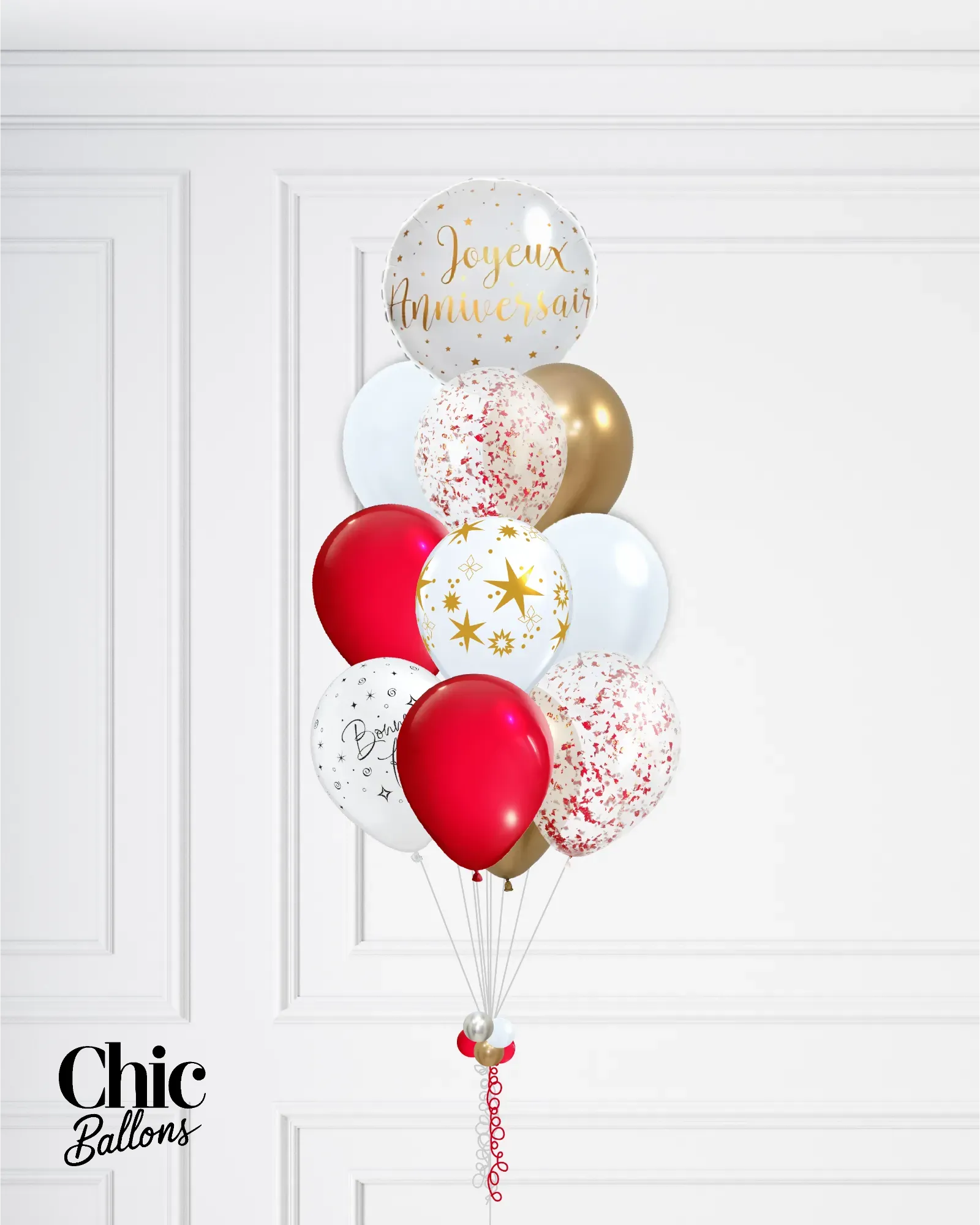Bouquet 12 de ballons - Rouge, blanc et confettis