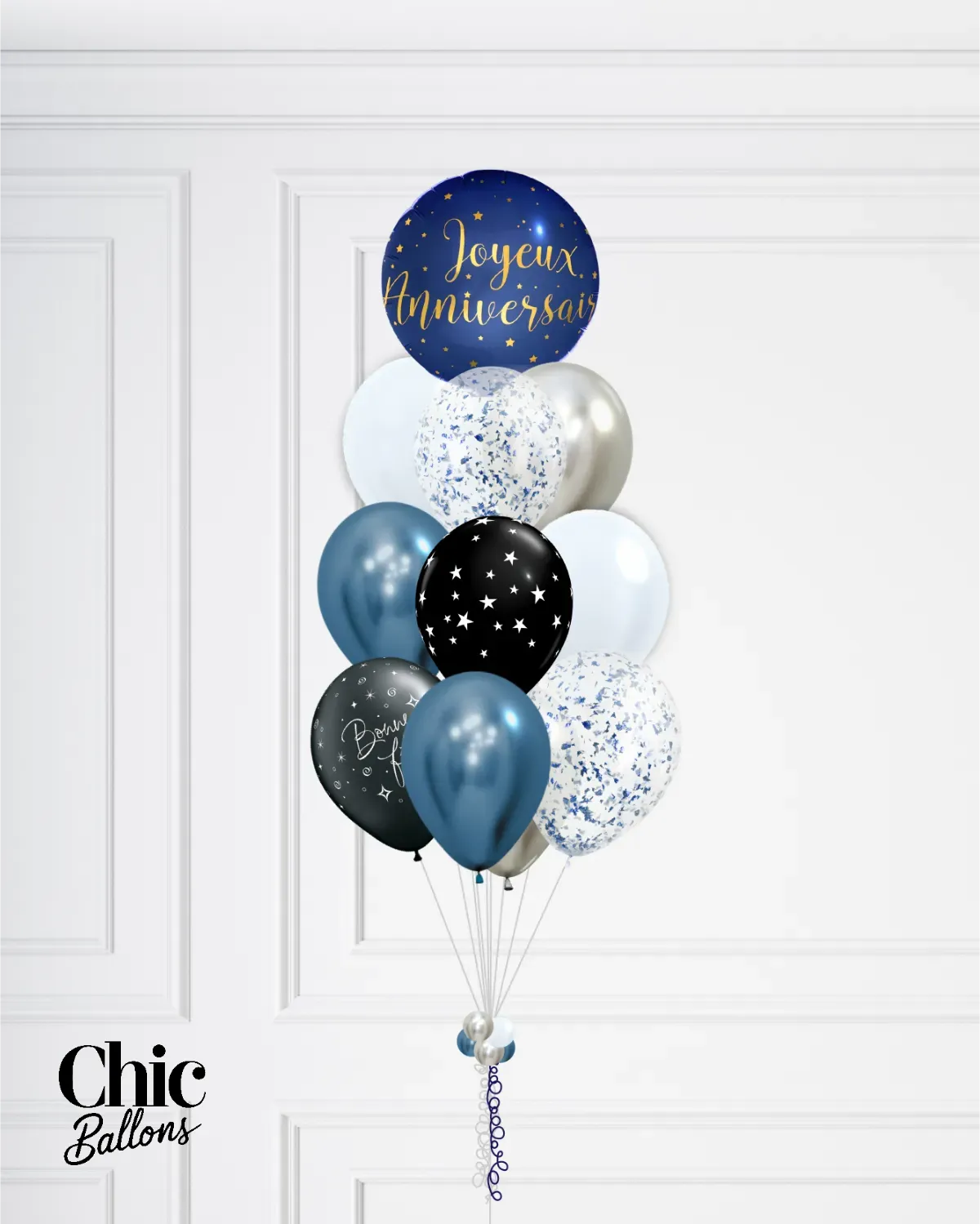 Bouquet de 12 ballons - Bleu, argent, noir et confettis