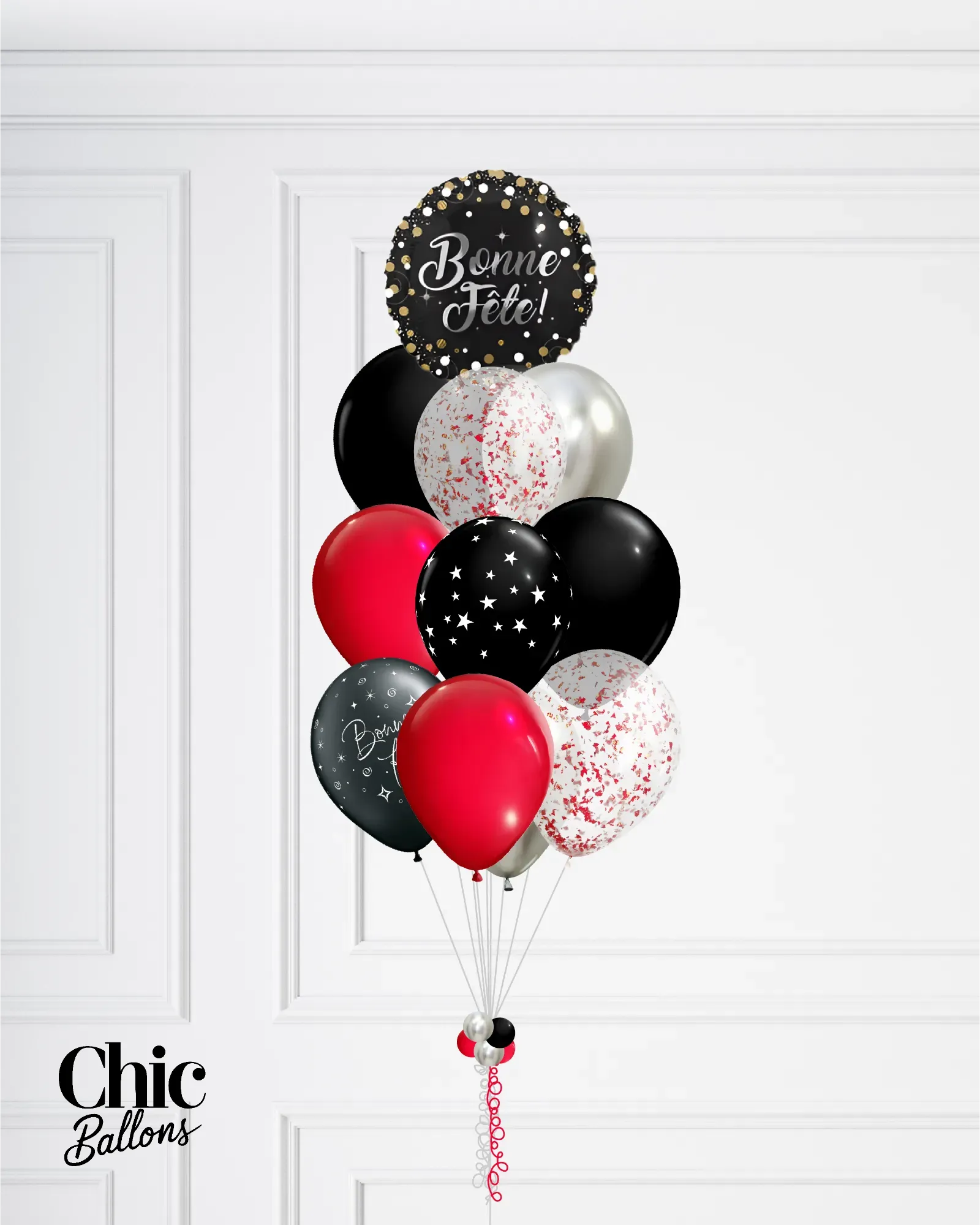 Bouquet 12 de ballons - Noir, rouge et confettis