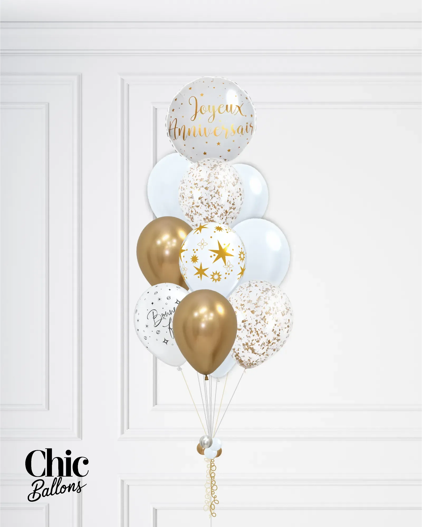 Bouquet de 12 ballons - Blanc, or et confettis