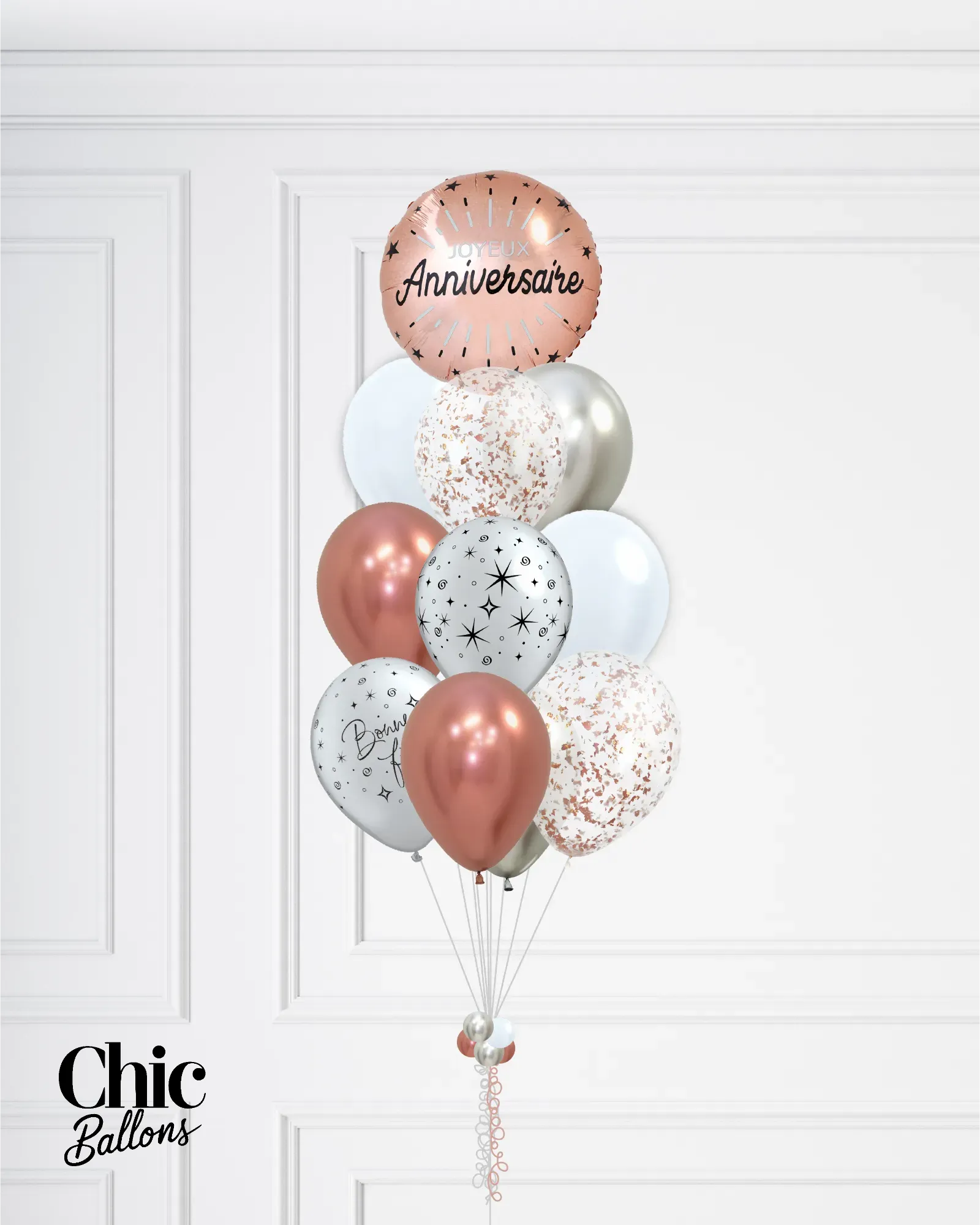 Bouquet de 12 ballons - Rosegold, blanc, argent et confettis