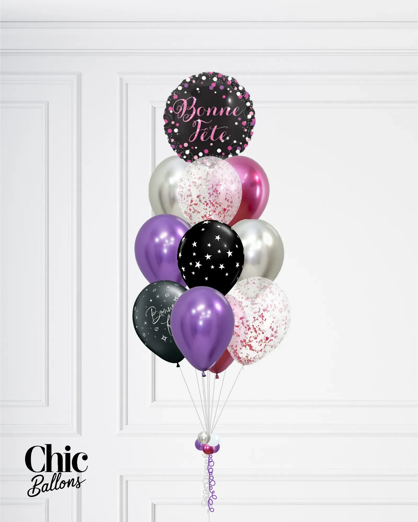 Bouquet de 12 ballons - Fushia, violet, argent, noir et confettis
