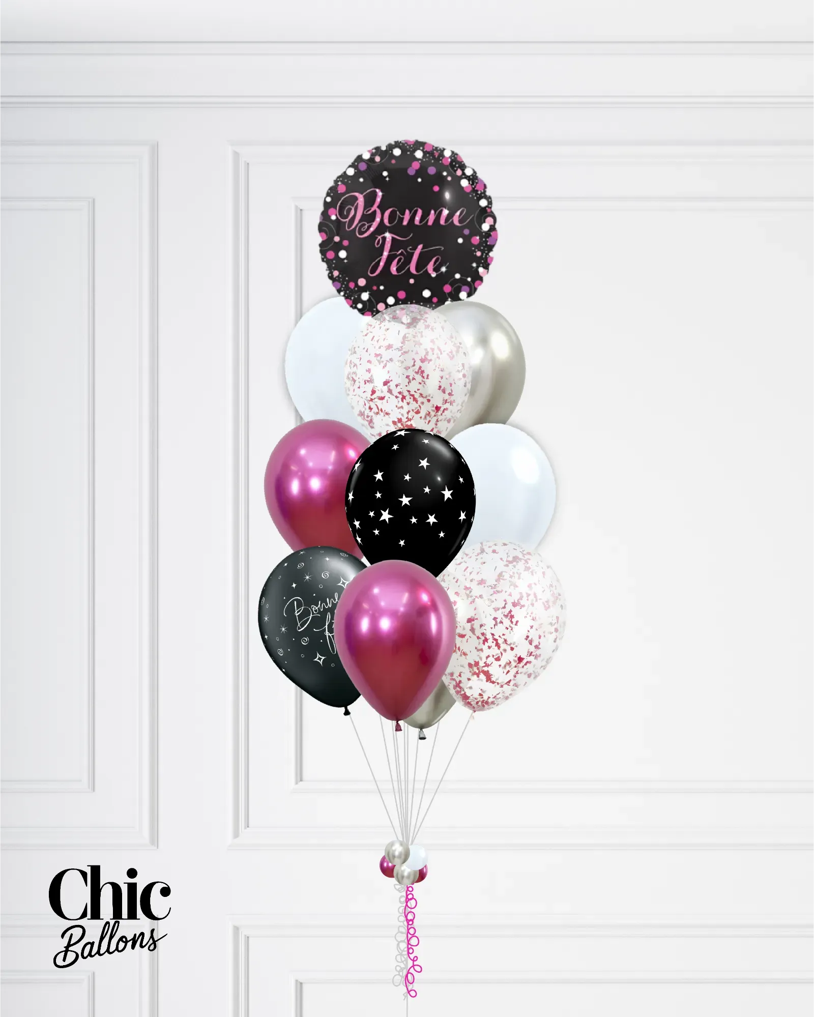 Bouquet de 12 ballons - Fushia, argent, noir et confettis