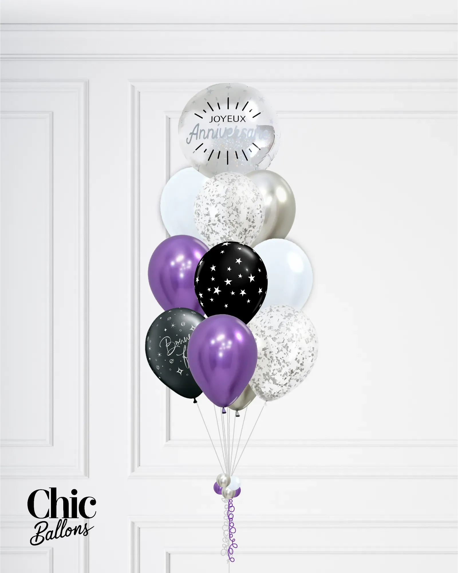 Bouquet de 12 ballons - Violet, argent, noir et confettis