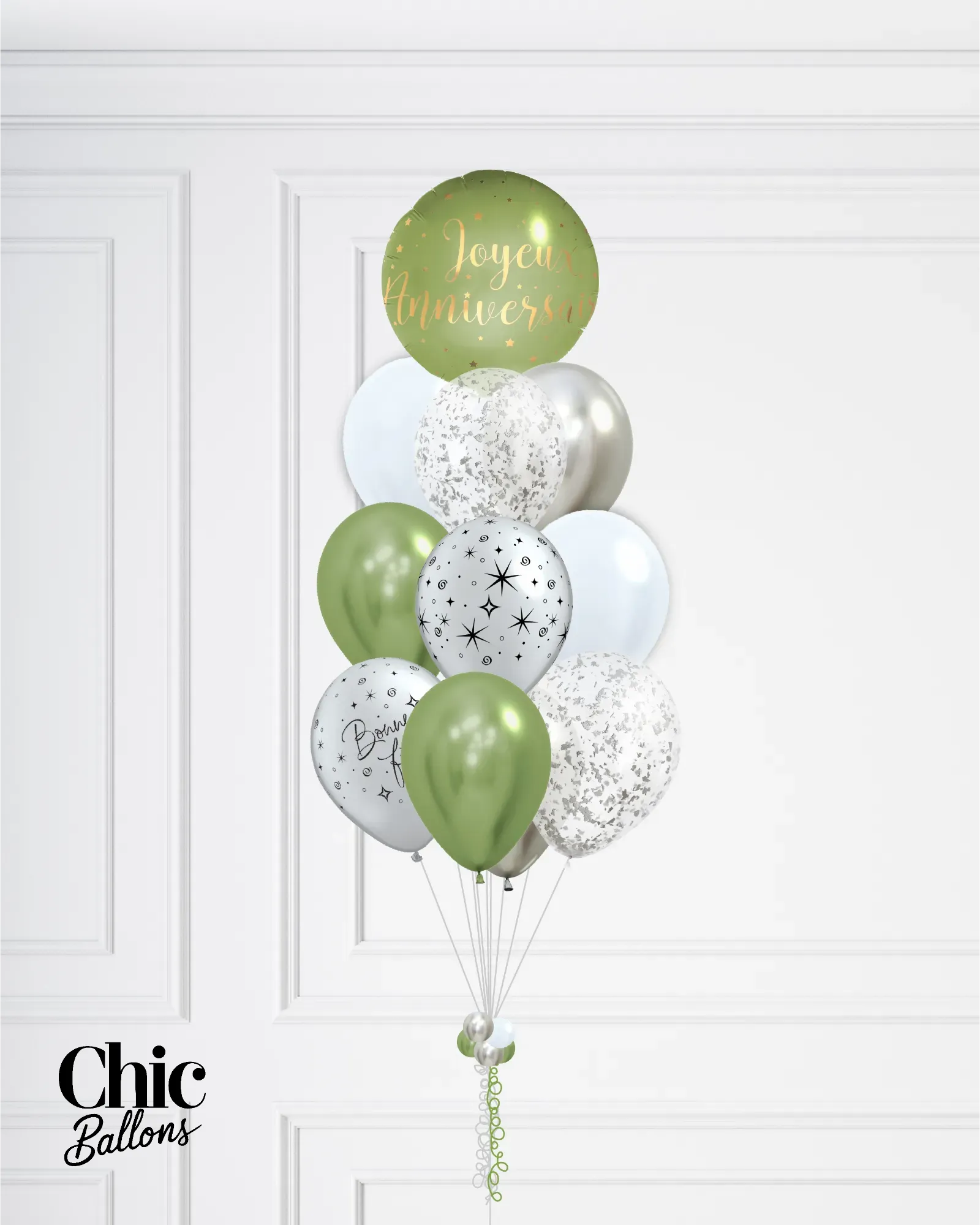 Bouquet 12 de ballons - Vert, argent et confettis