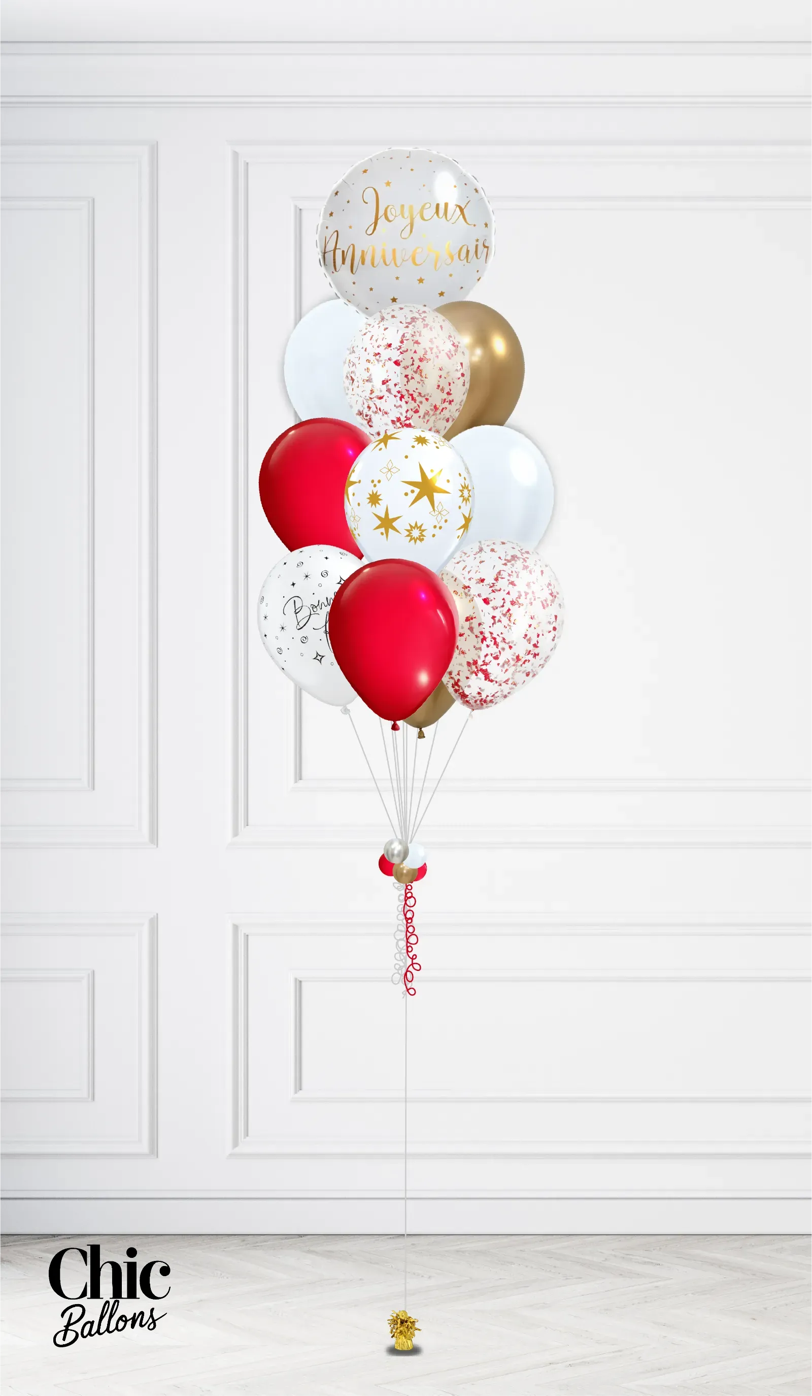 Bouquet 12 de ballons - Rouge, blanc et confettis