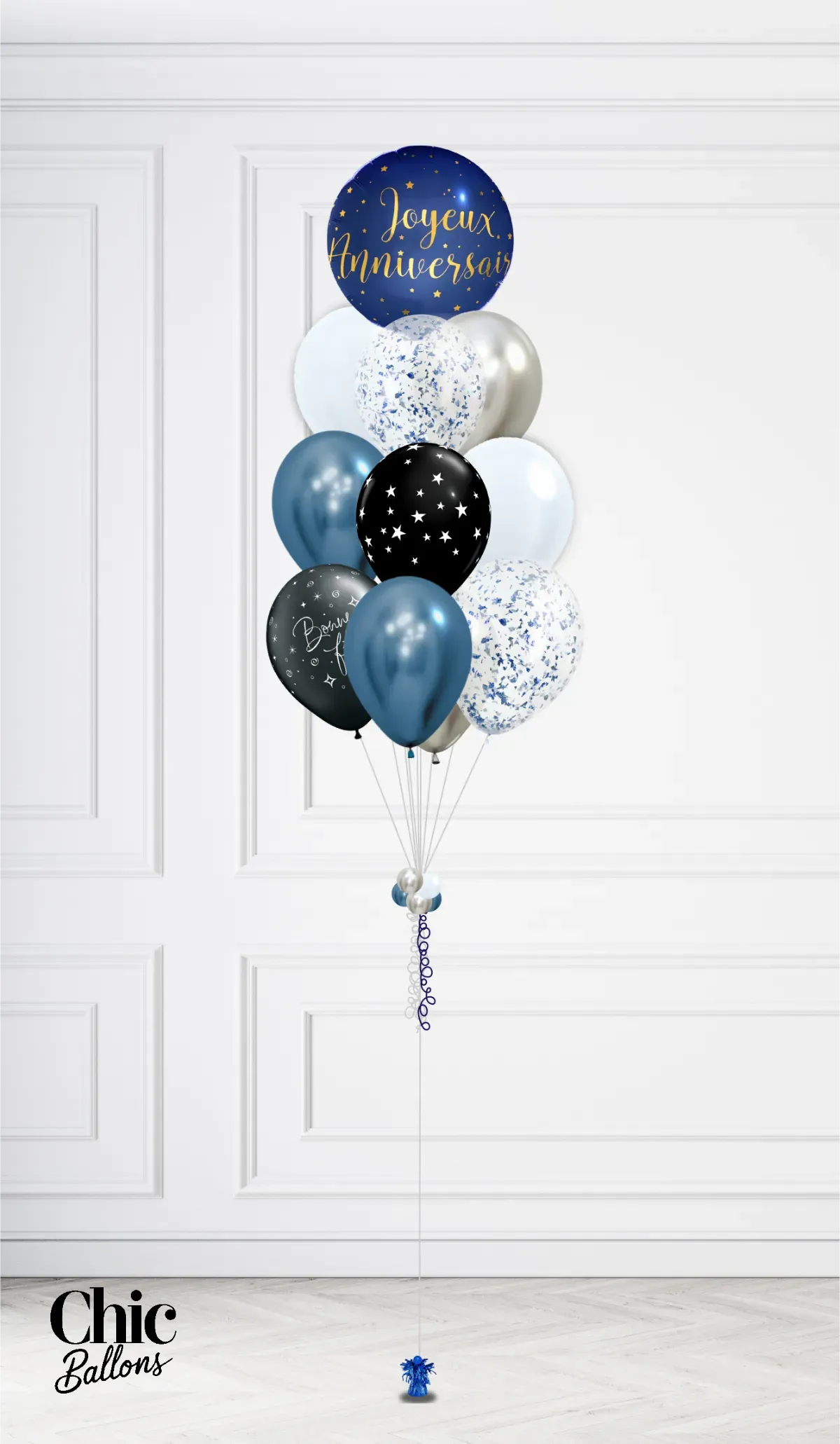 Bouquet de 12 ballons - Bleu, argent, noir et confettis