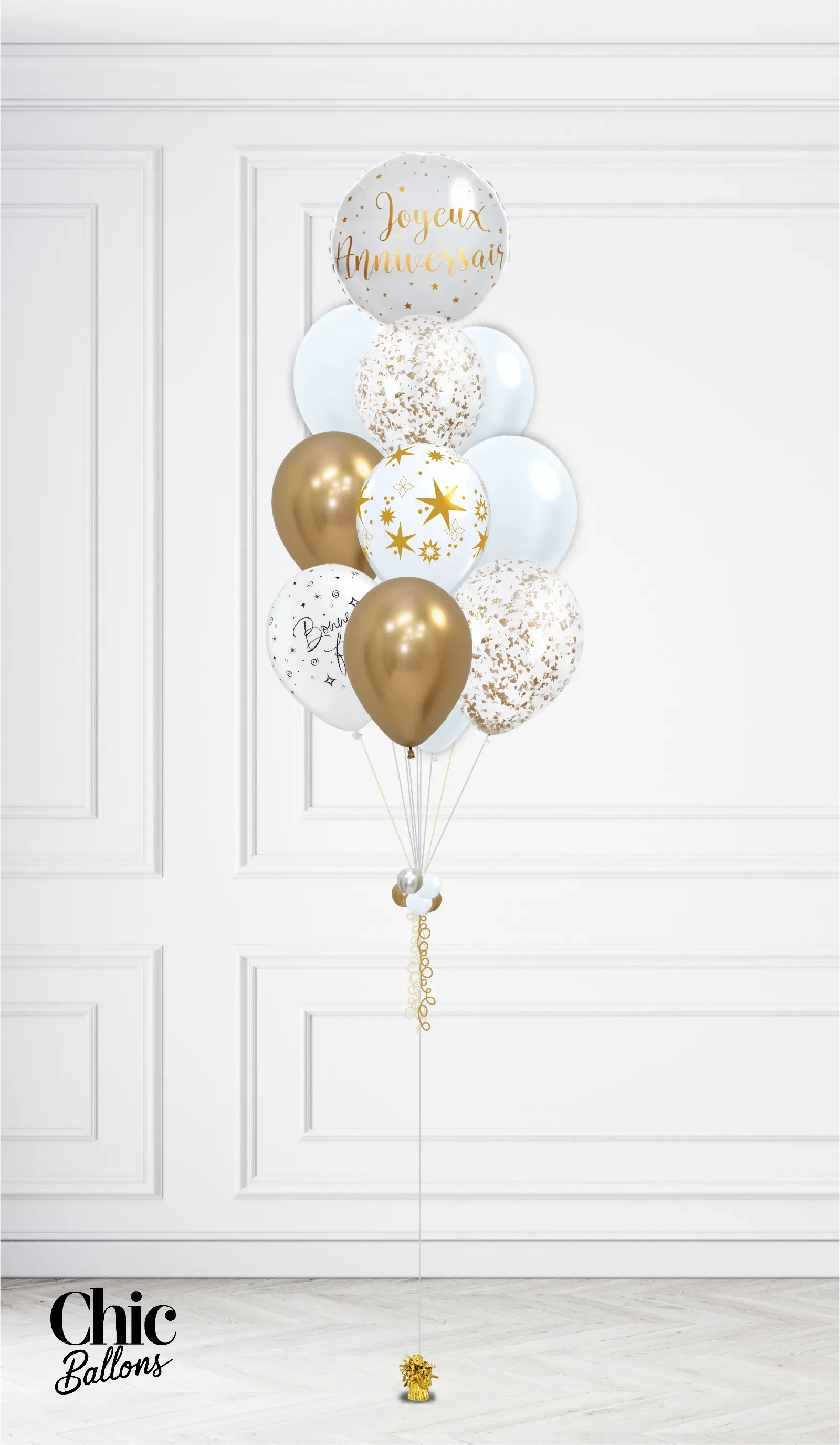 Bouquet de 12 ballons - Blanc, or et confettis
