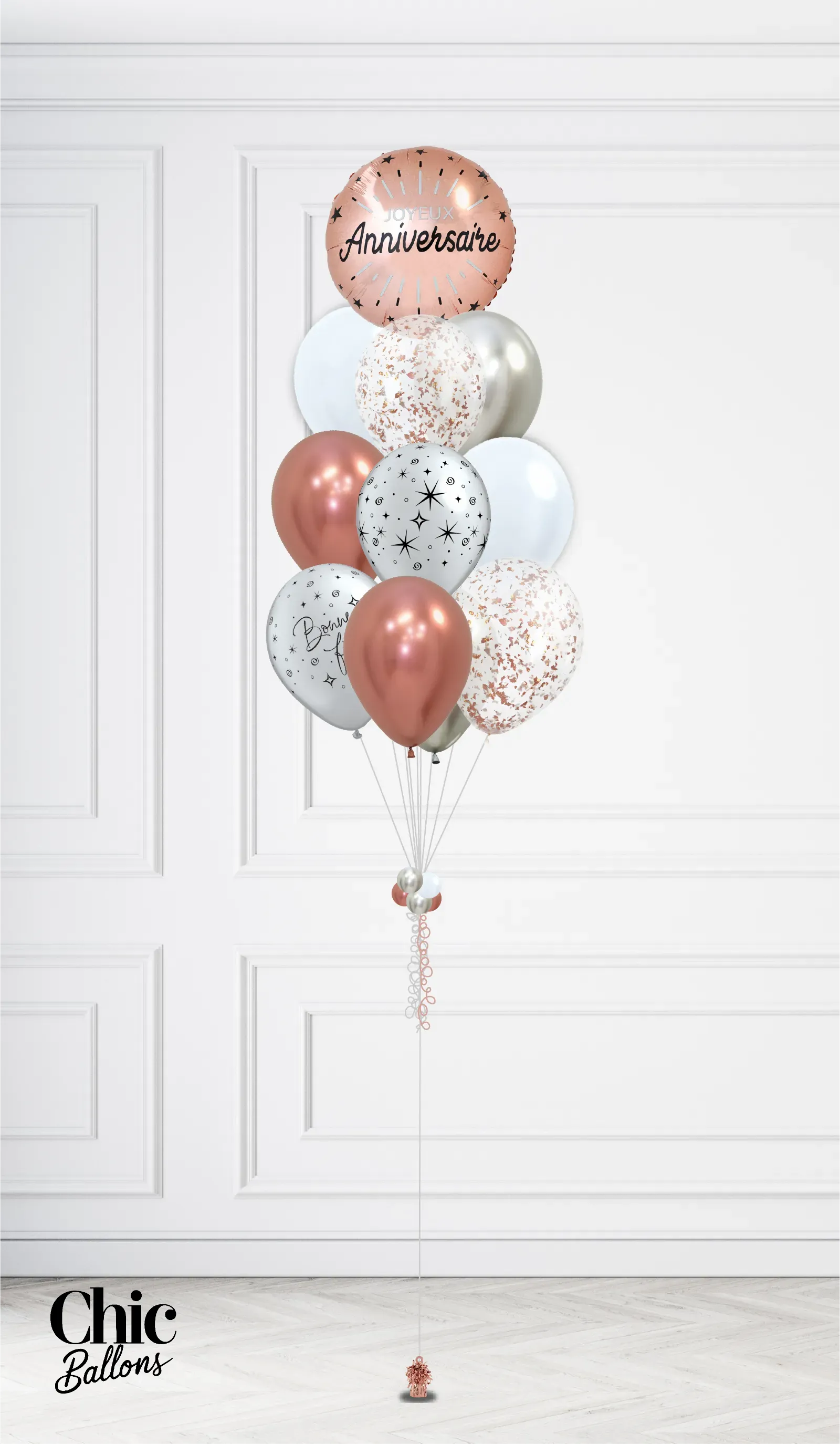 Bouquet de 12 ballons - Rosegold, blanc, argent et confettis