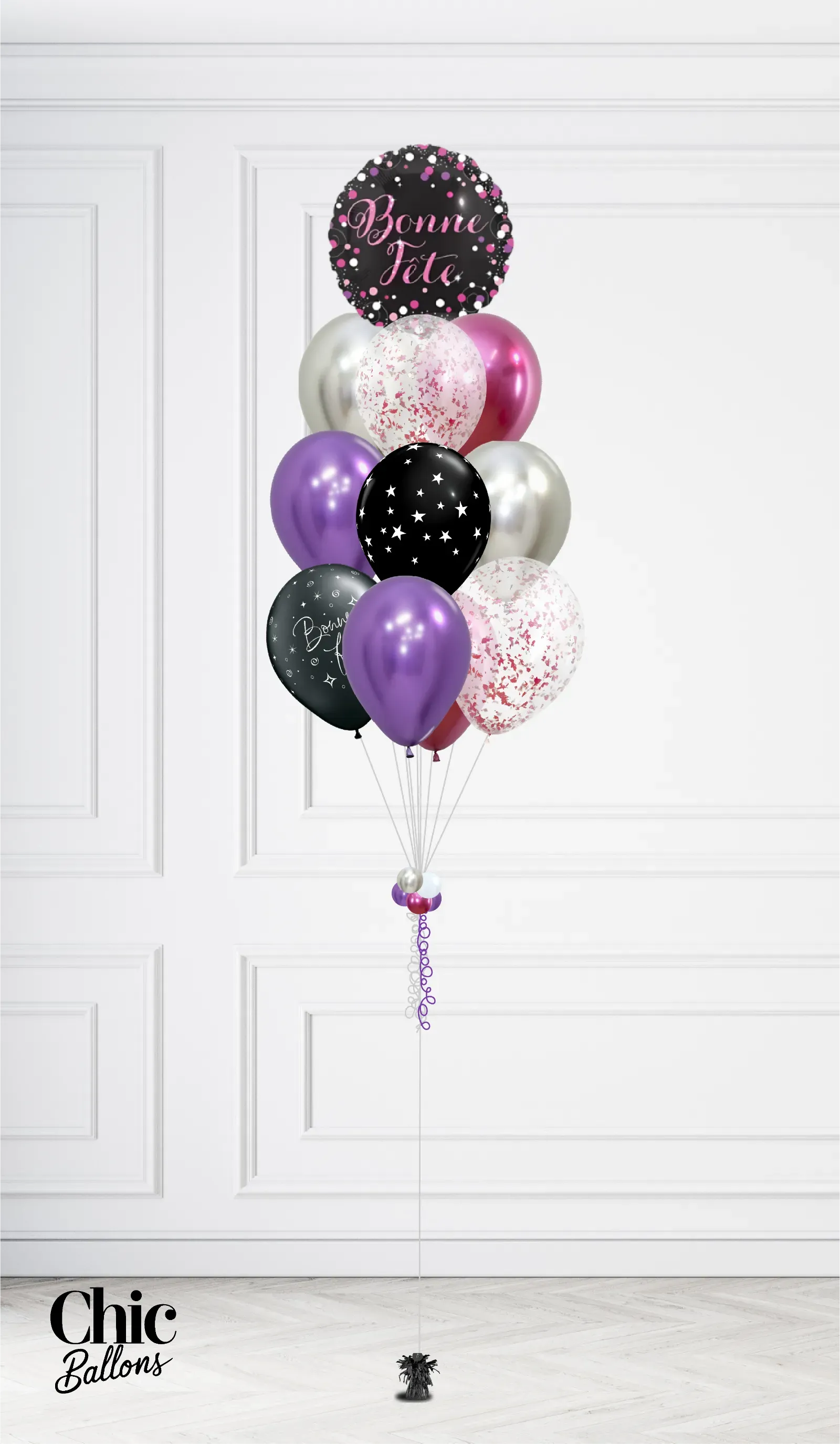 Bouquet de 12 ballons - Fushia, violet, argent, noir et confettis