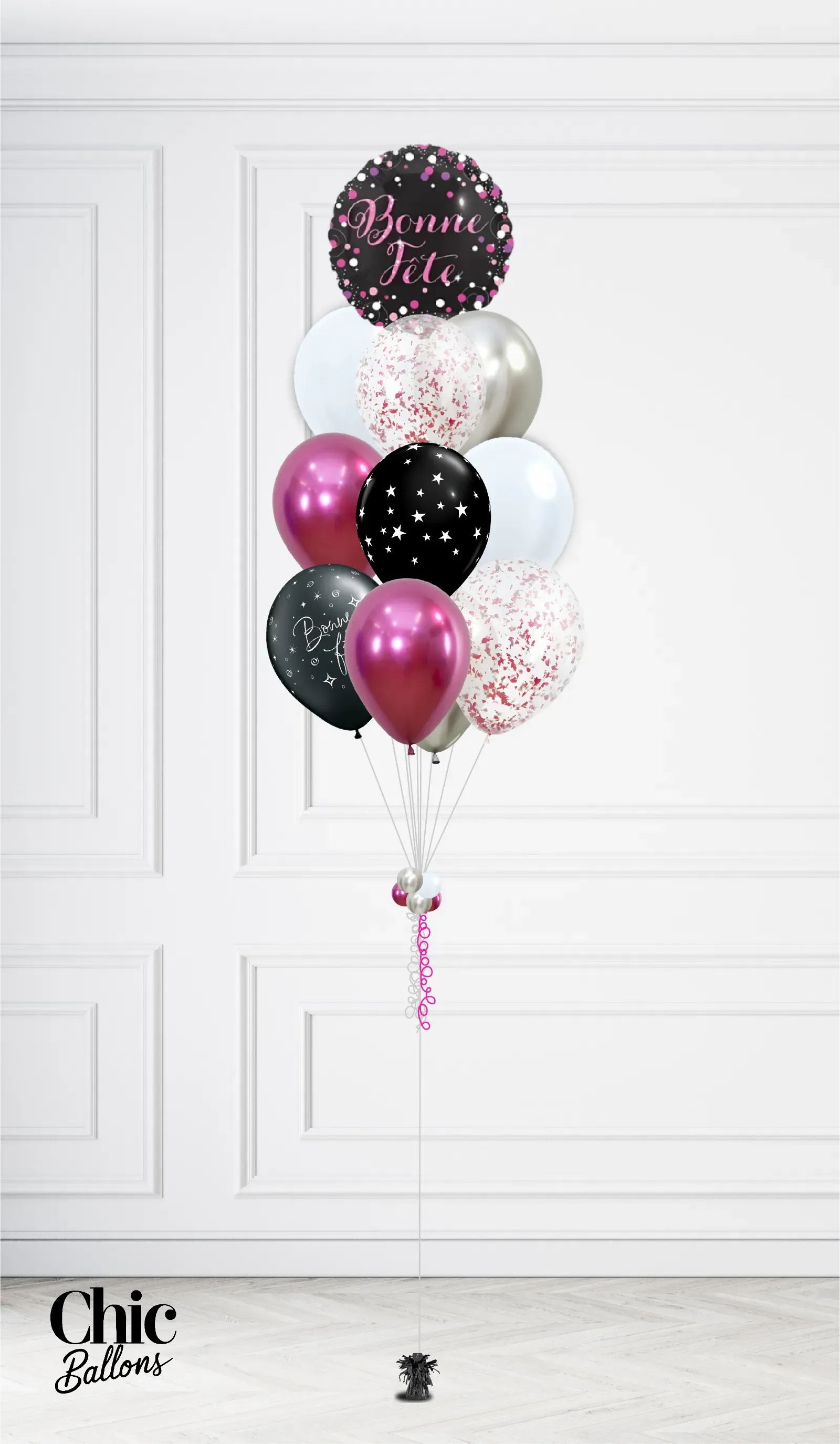 Bouquet de 12 ballons - Fushia, argent, noir et confettis