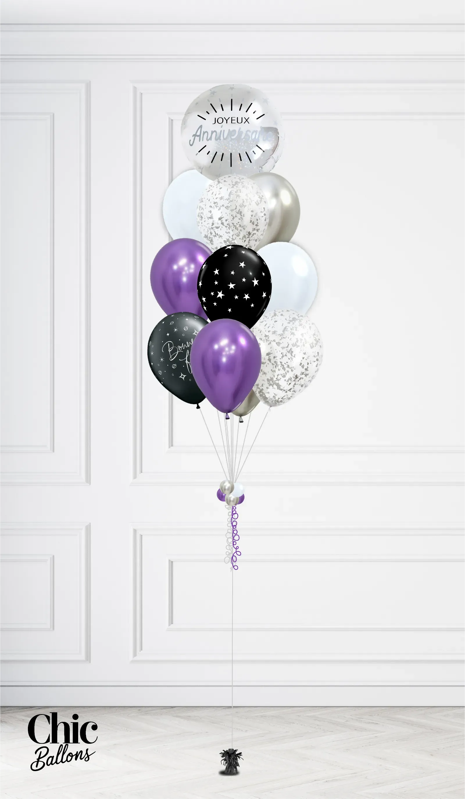 Bouquet de 12 ballons - Violet, argent, noir et confettis