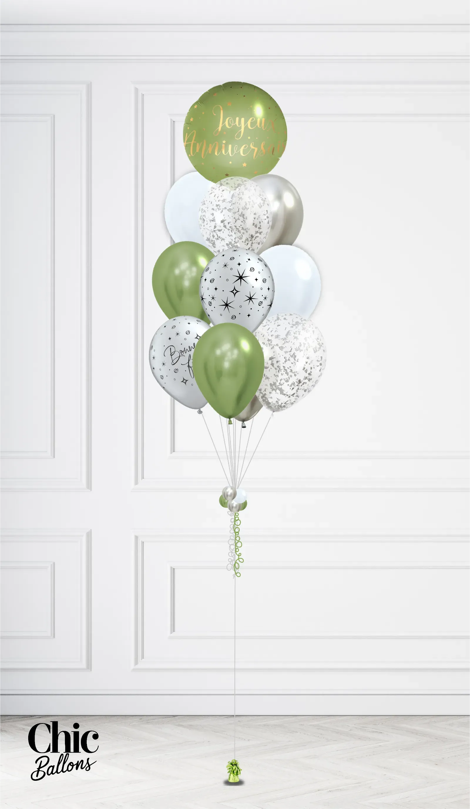 Bouquet 12 de ballons - Vert, argent et confettis