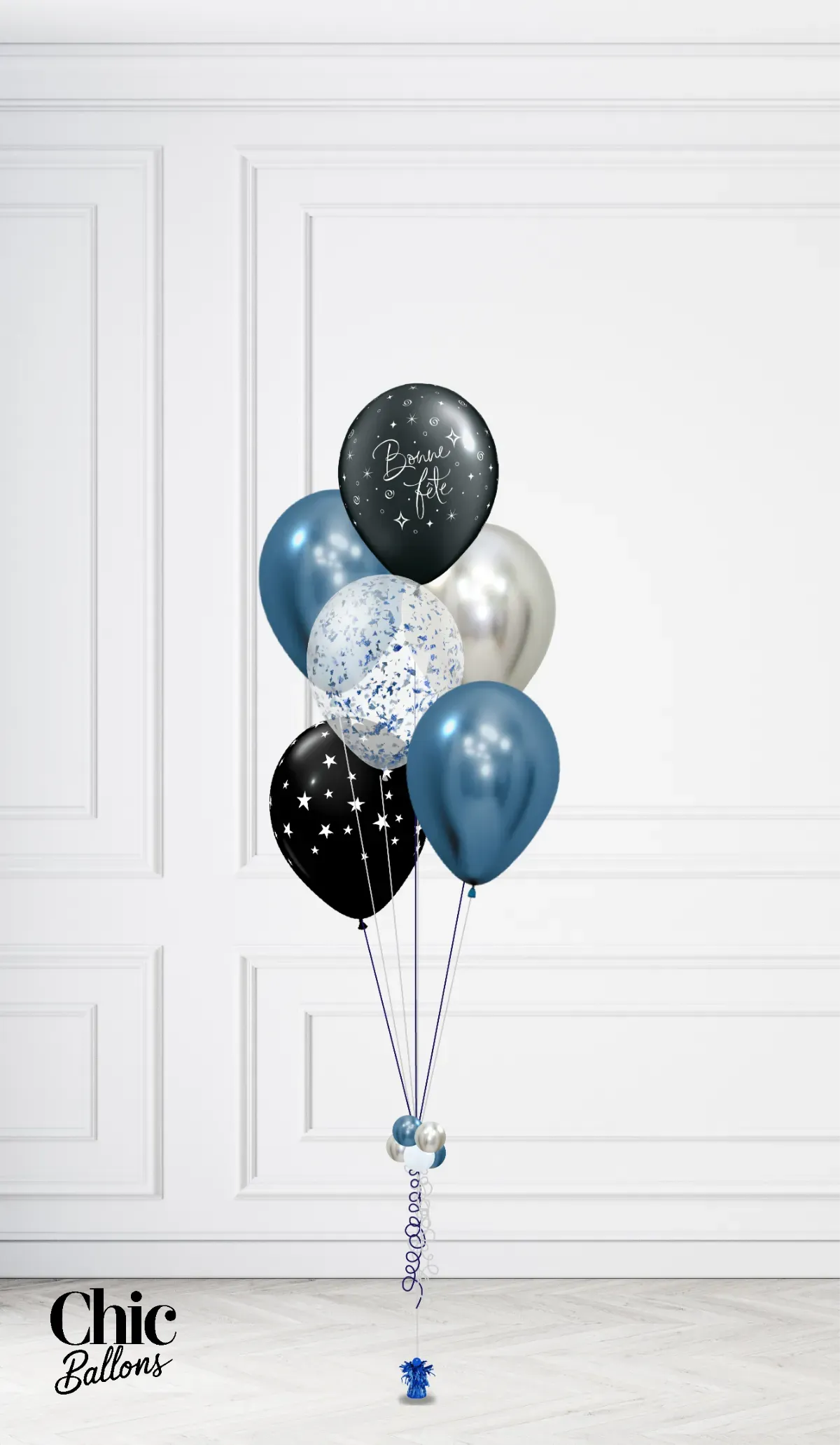 Bouquet de 5 ballons - Bleu, argent, noir et confettis