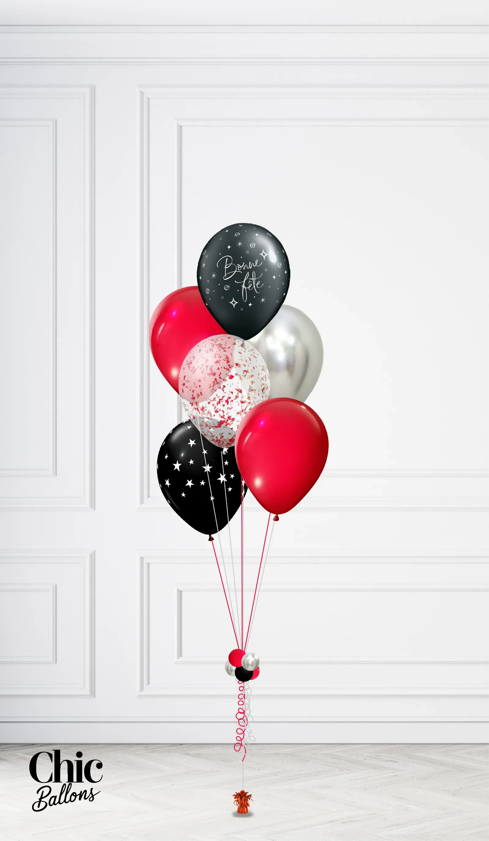 Bouquet de 5 ballons - Rouge, noir et confettis