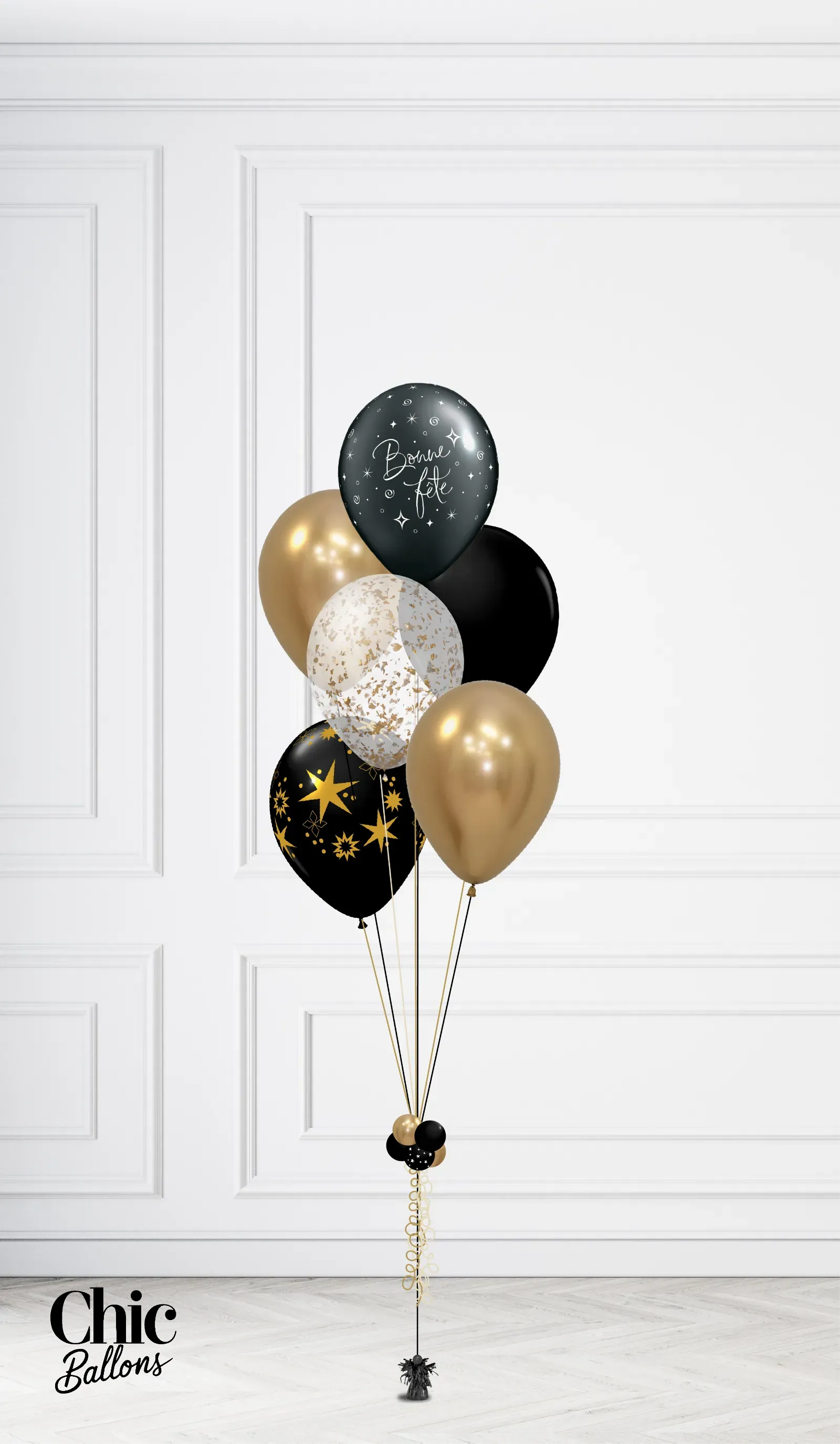 Bouquet de 5 ballons - Noir, blanc, or et confettis