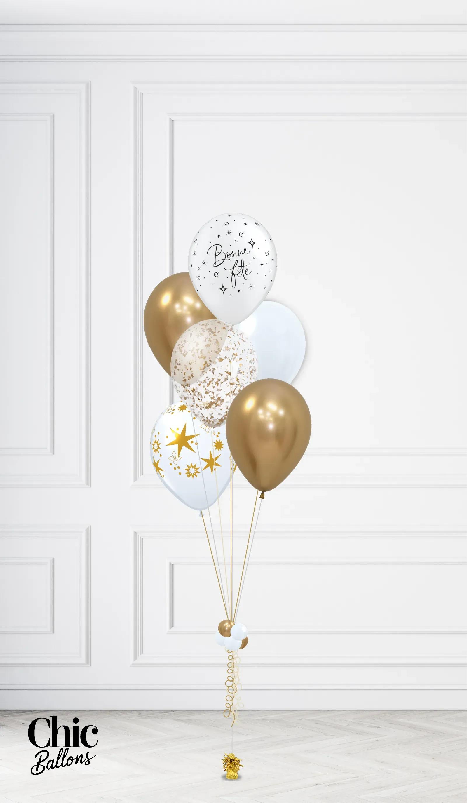 Bouquet de 5 ballons - Blanc et or
