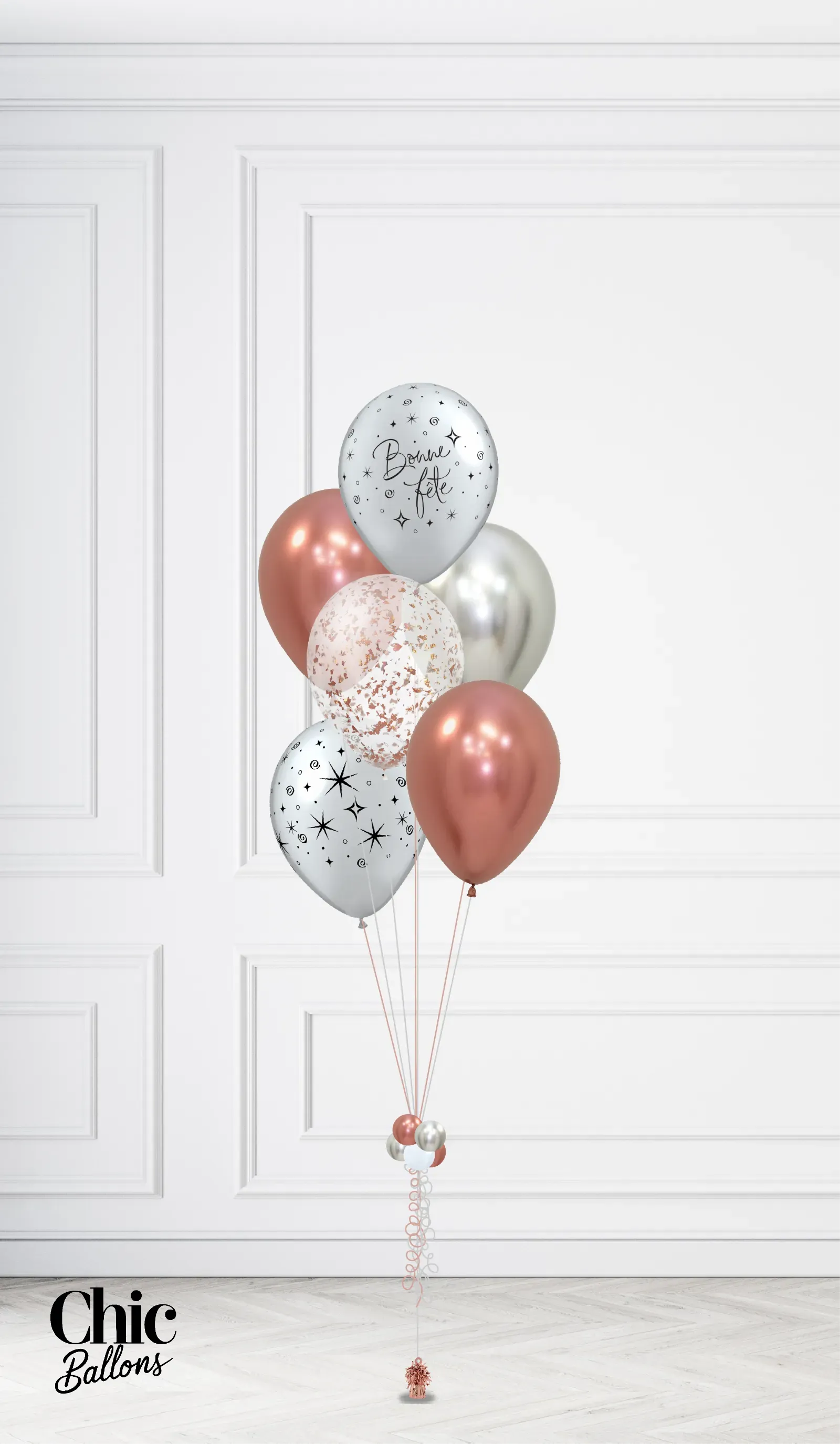 Bouquet de 5 ballons - Rosegold, blanc, argent et confettis