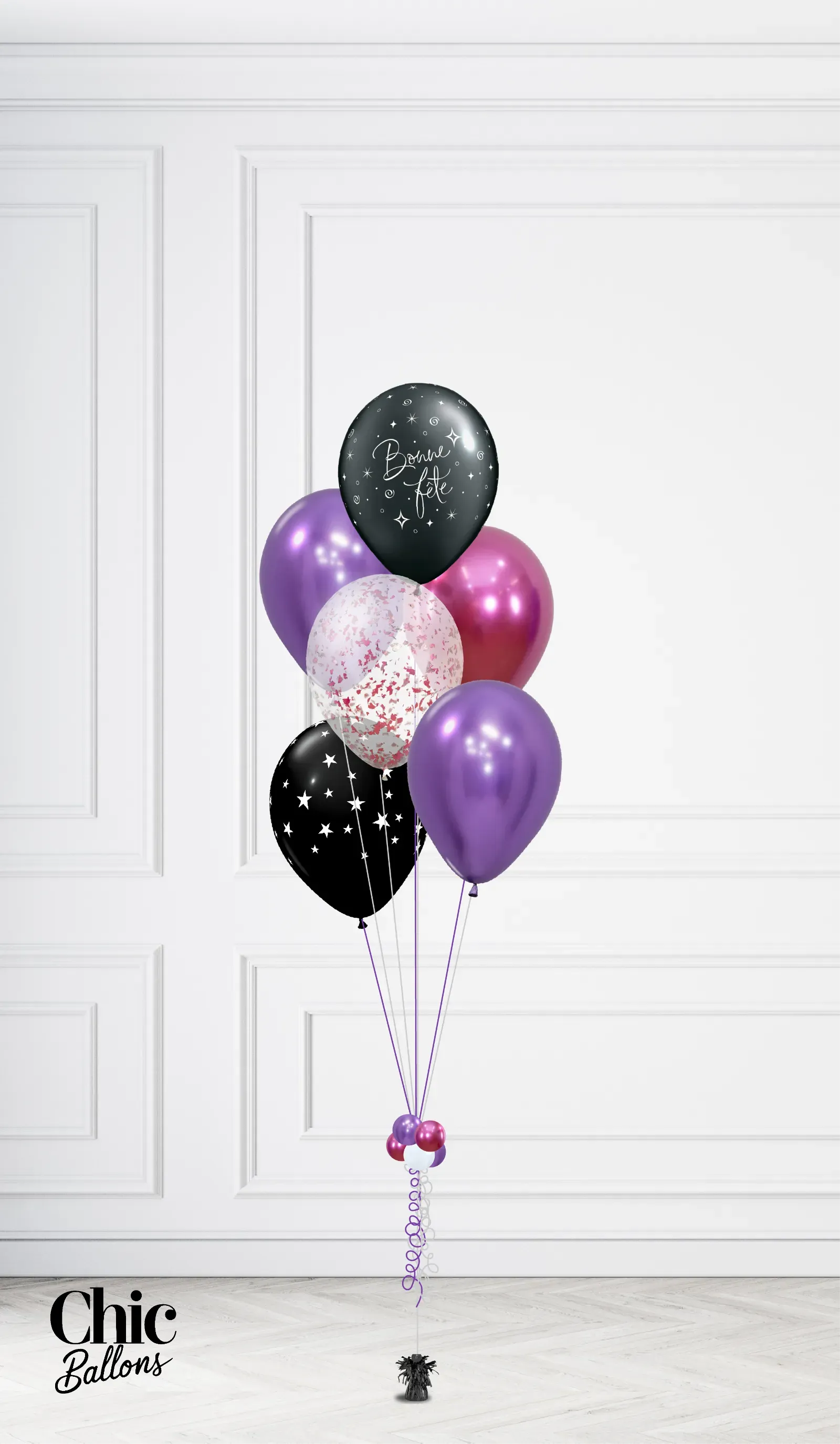 Bouquet de 5 ballons - Fushia, violet, noir et confettis