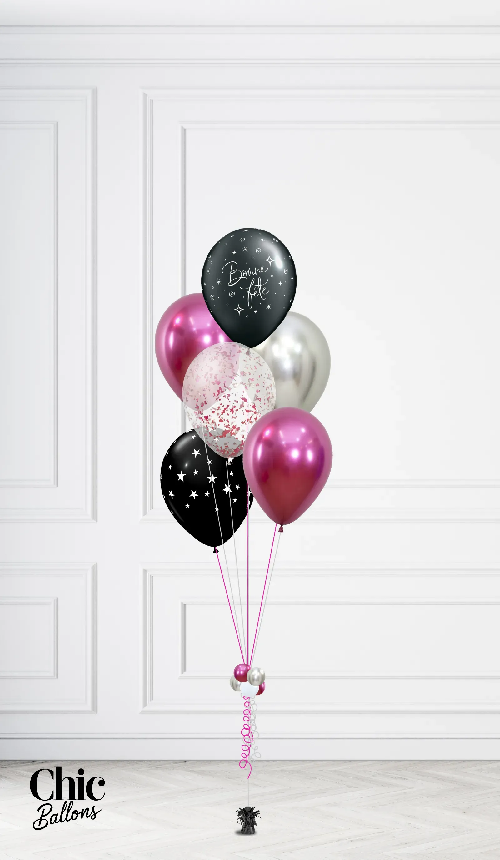 Bouquet de 5 ballons - Fushia, noir et confettis