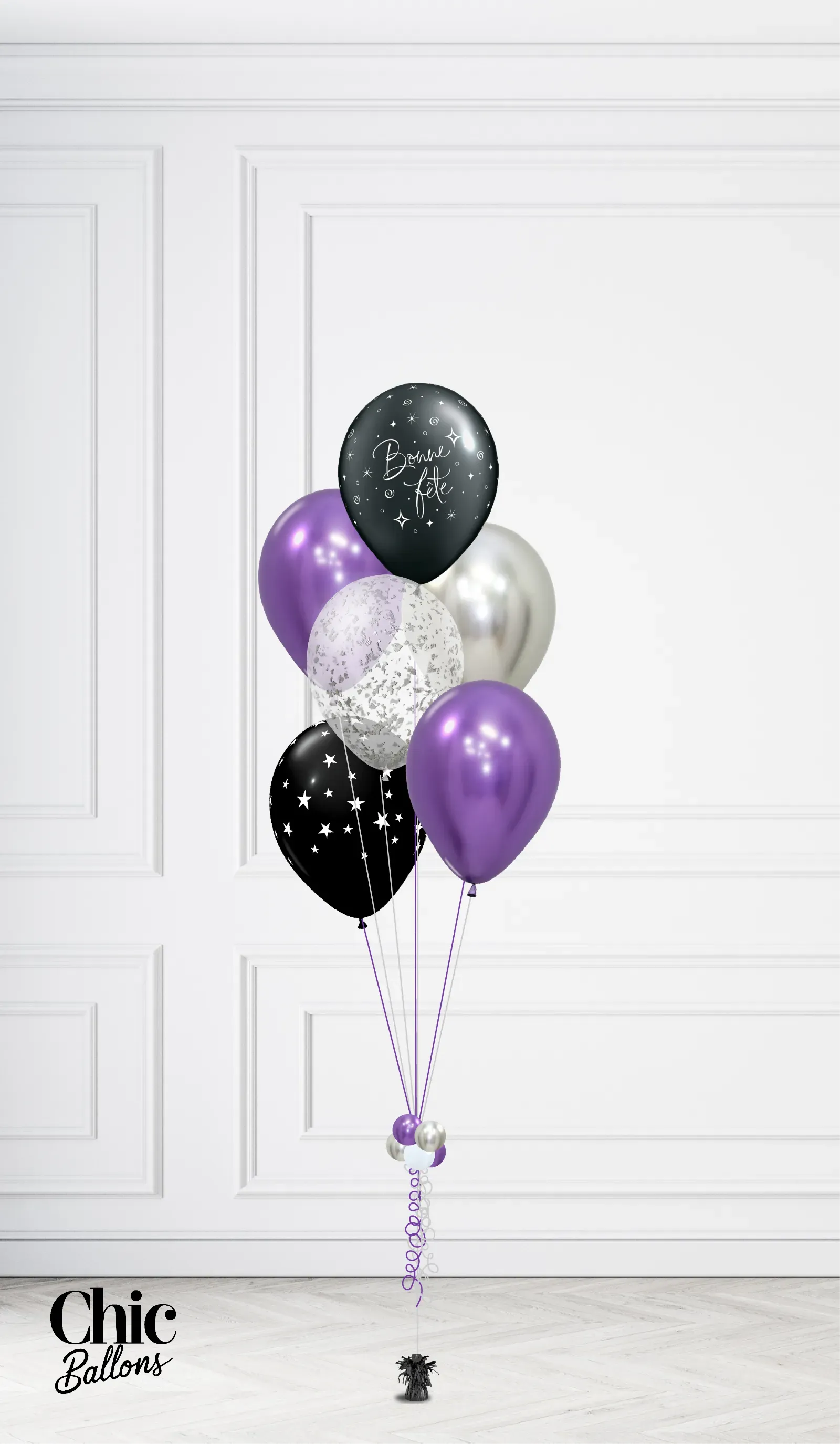 Bouquet de 5 ballons - Violet, noir et confettis