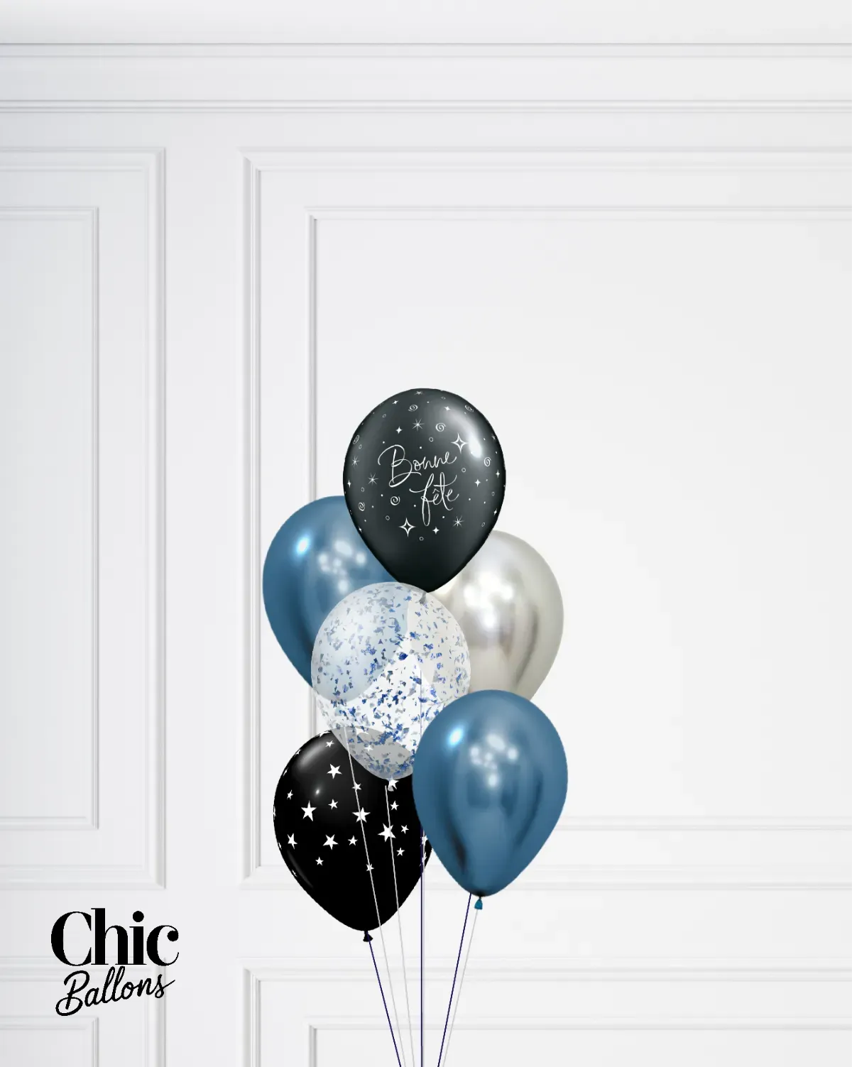 Bouquet de 5 ballons - Bleu, argent, noir et confettis
