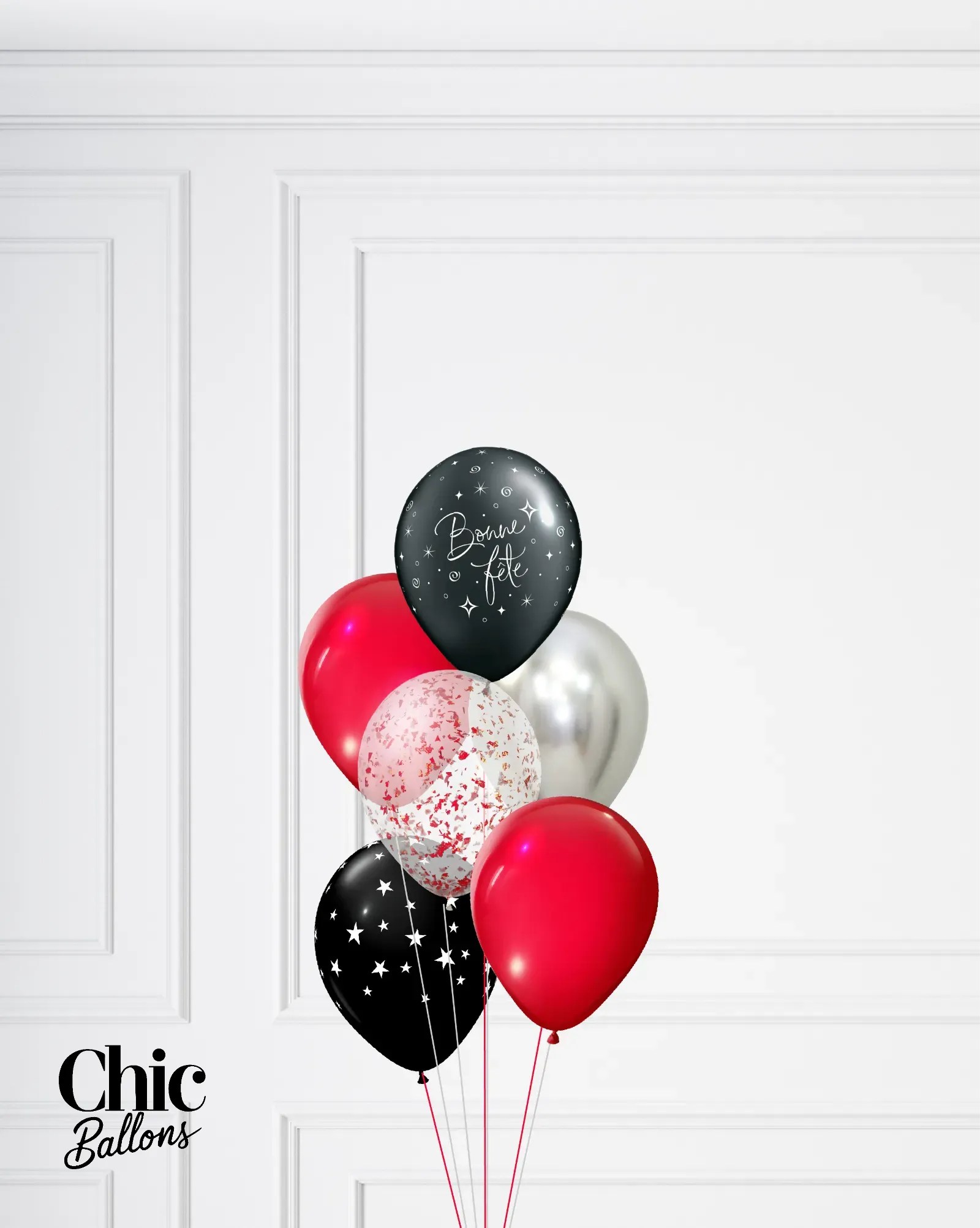 Bouquet de 5 ballons - Rouge, noir et confettis