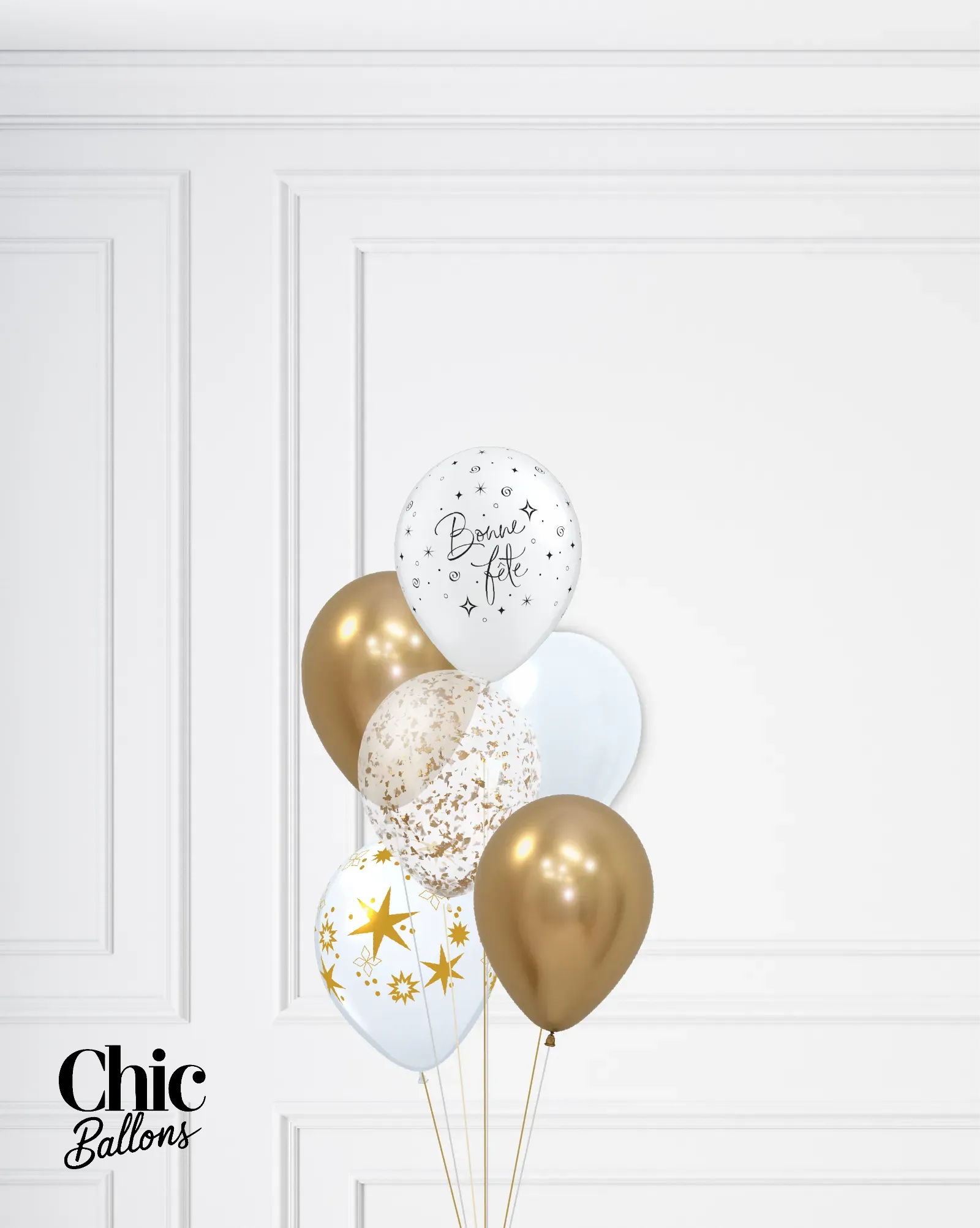 Bouquet de 5 ballons - Blanc et or