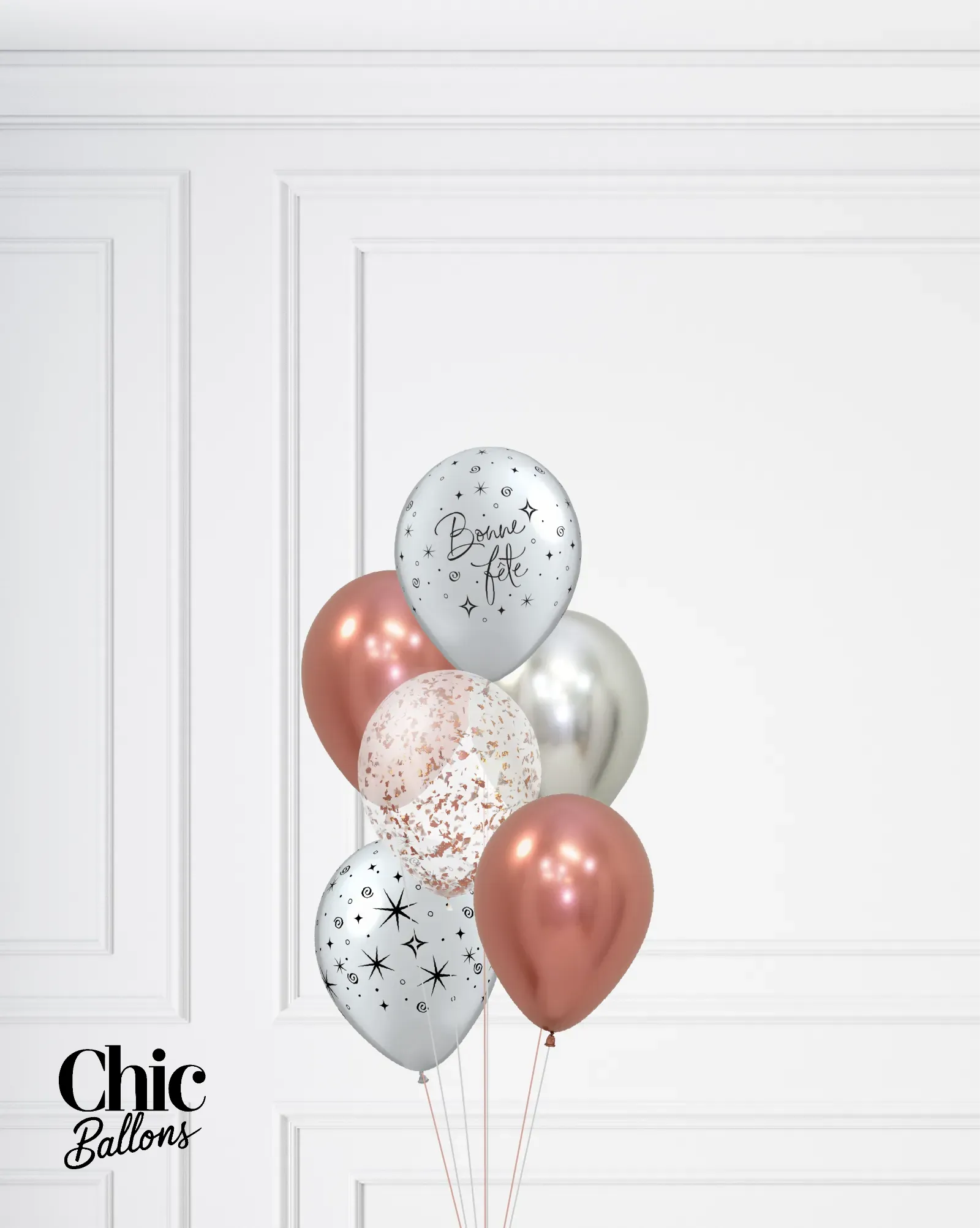 Bouquet de 5 ballons - Rosegold, blanc, argent et confettis