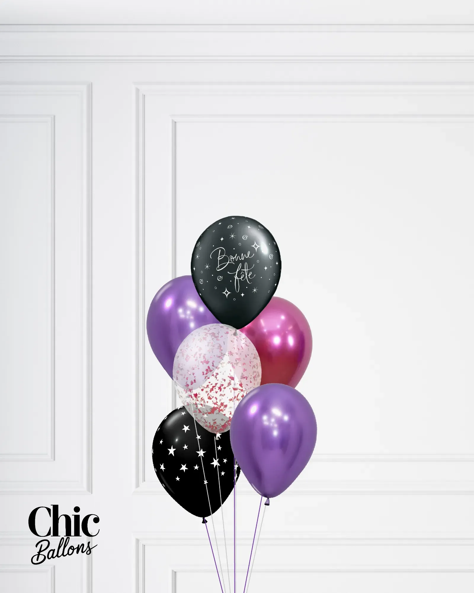Bouquet de 5 ballons - Fushia, violet, noir et confettis