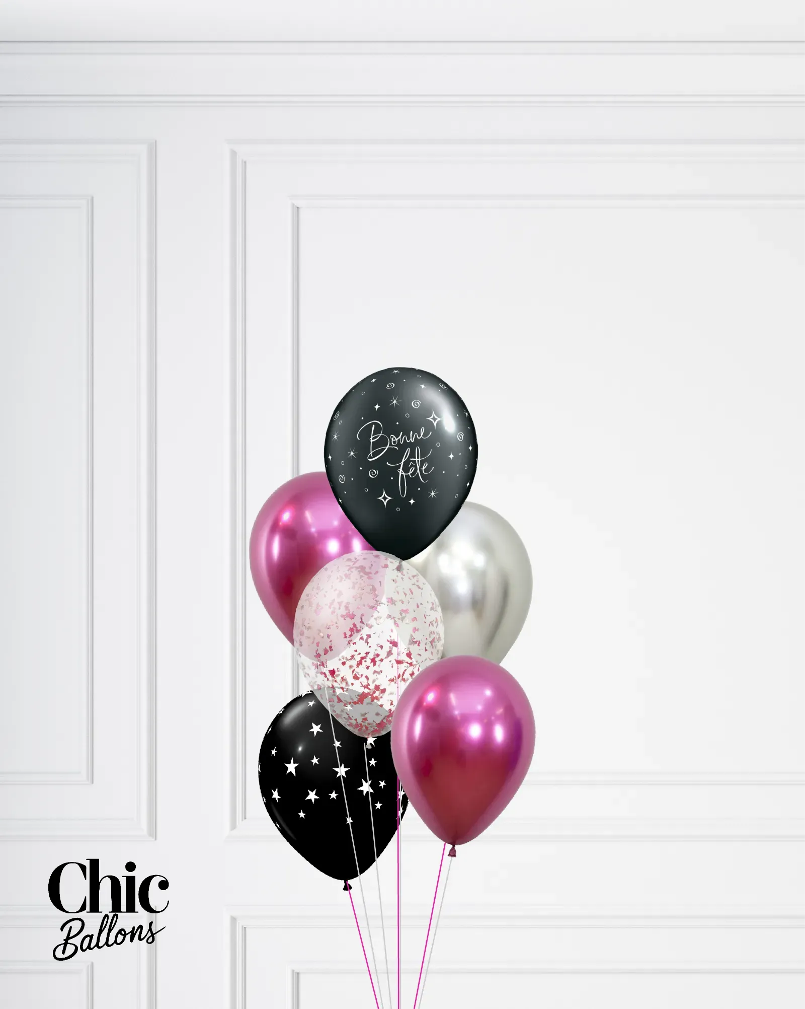 Bouquet de 5 ballons - Fushia, noir et confettis