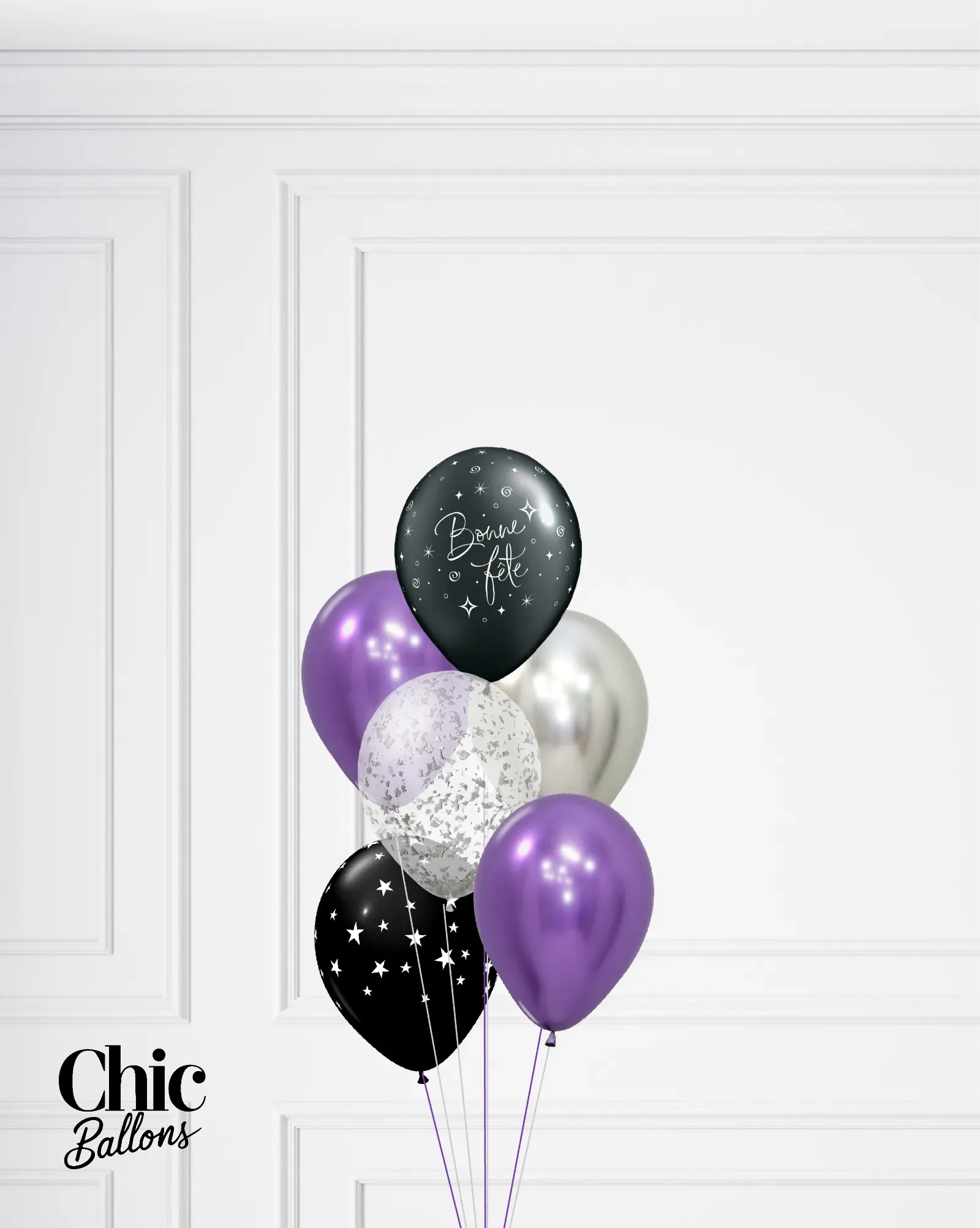 Bouquet de 5 ballons - Violet, noir et confettis