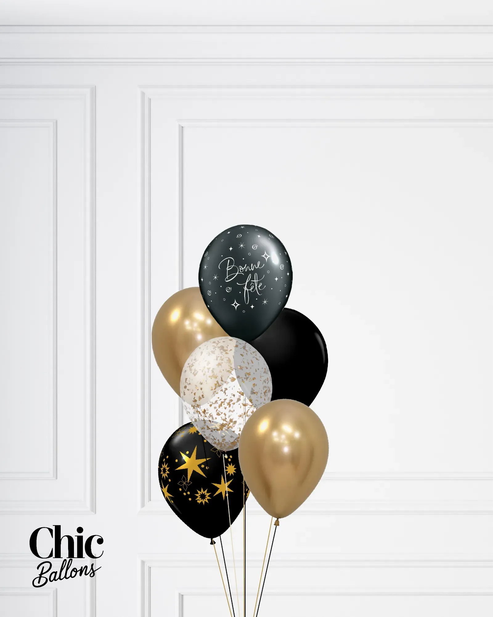 Bouquet de 5 ballons - Noir, blanc, or et confettis