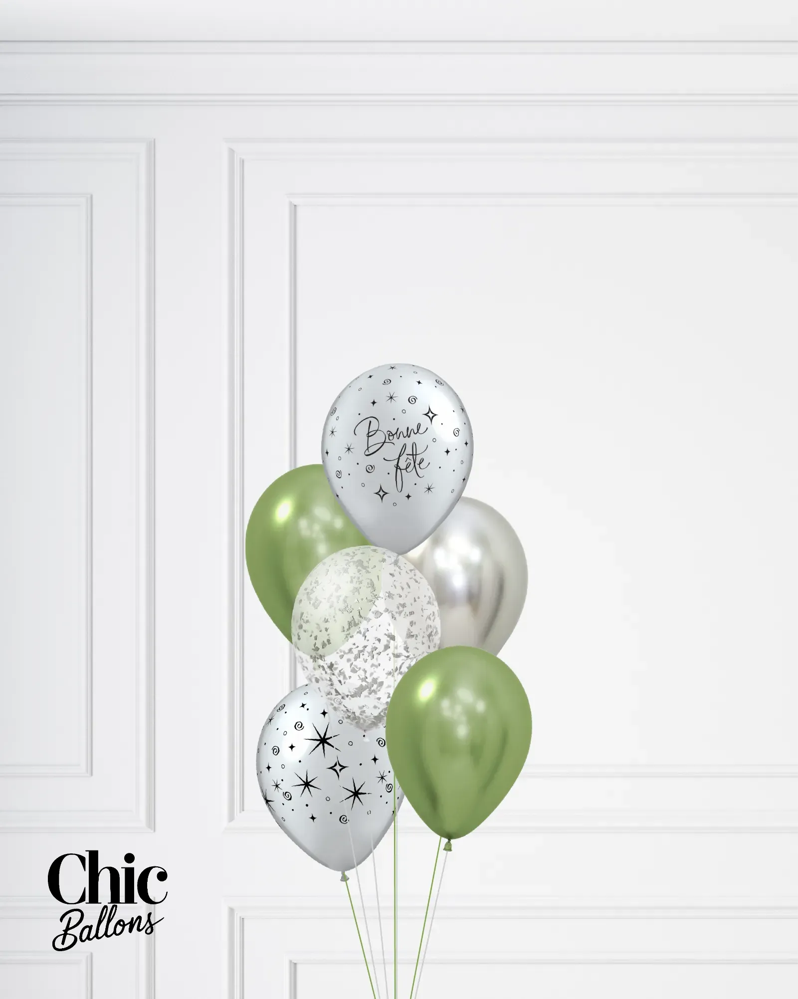 Bouquet de 5 ballons - Vert, argent et confettis