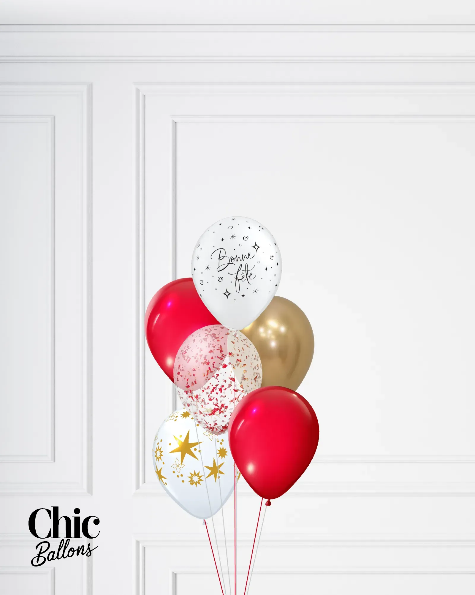 Bouquet de 5 ballons - Rouge, blac et confettis