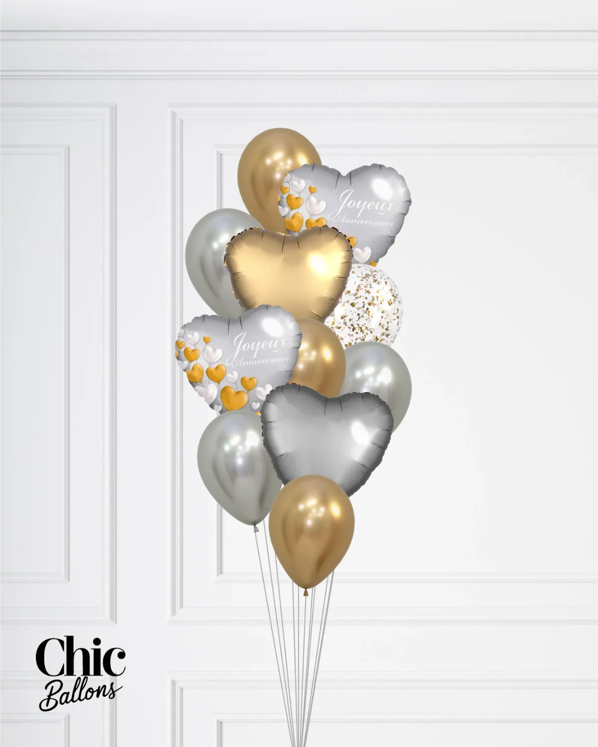 Bouquet de ballons - Bonne fête avec coeurs - Or et argent