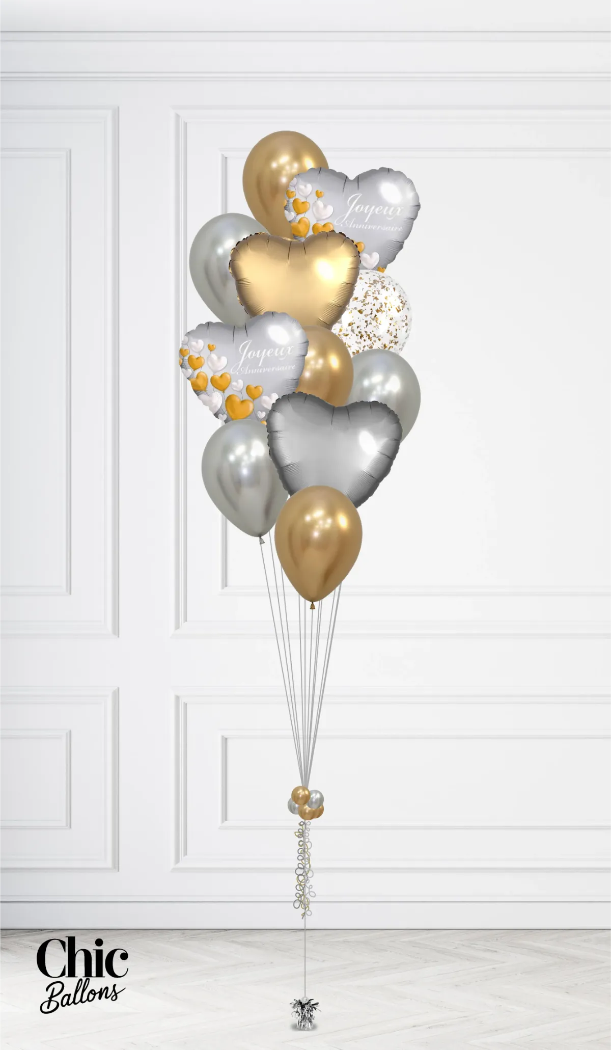 Bouquet de ballons - Bonne fête avec coeurs - Or et argent