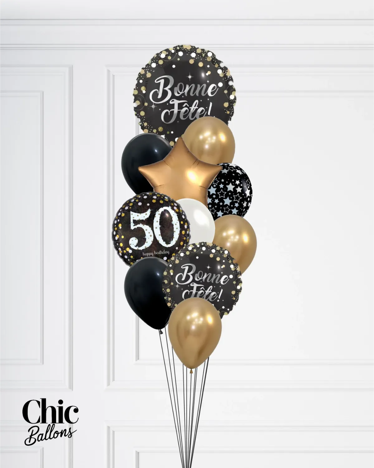 Bouquet de ballons - Bonne fête avec âge - Noir et or