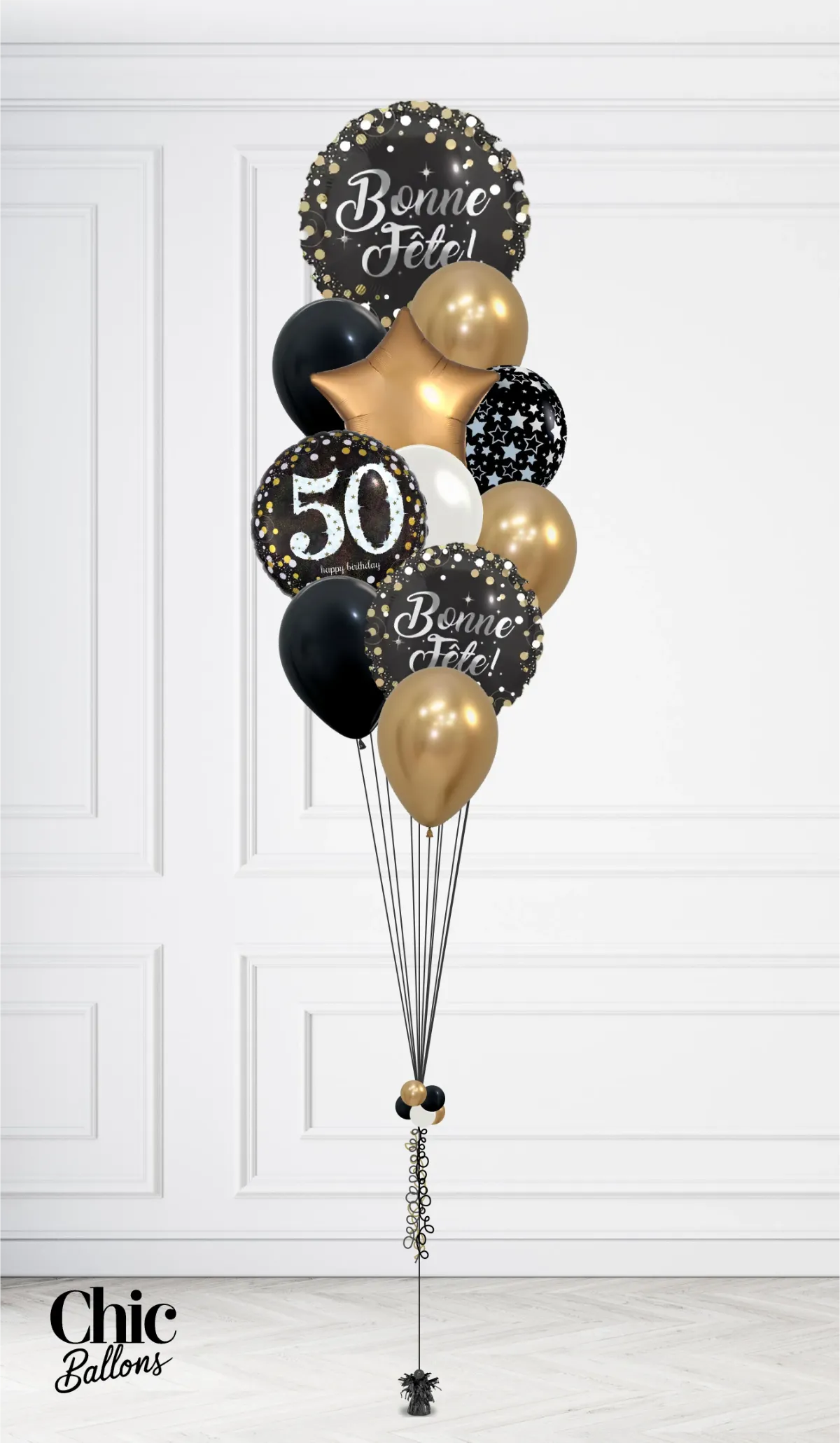 Bouquet de ballons - Bonne fête avec âge - Noir et or