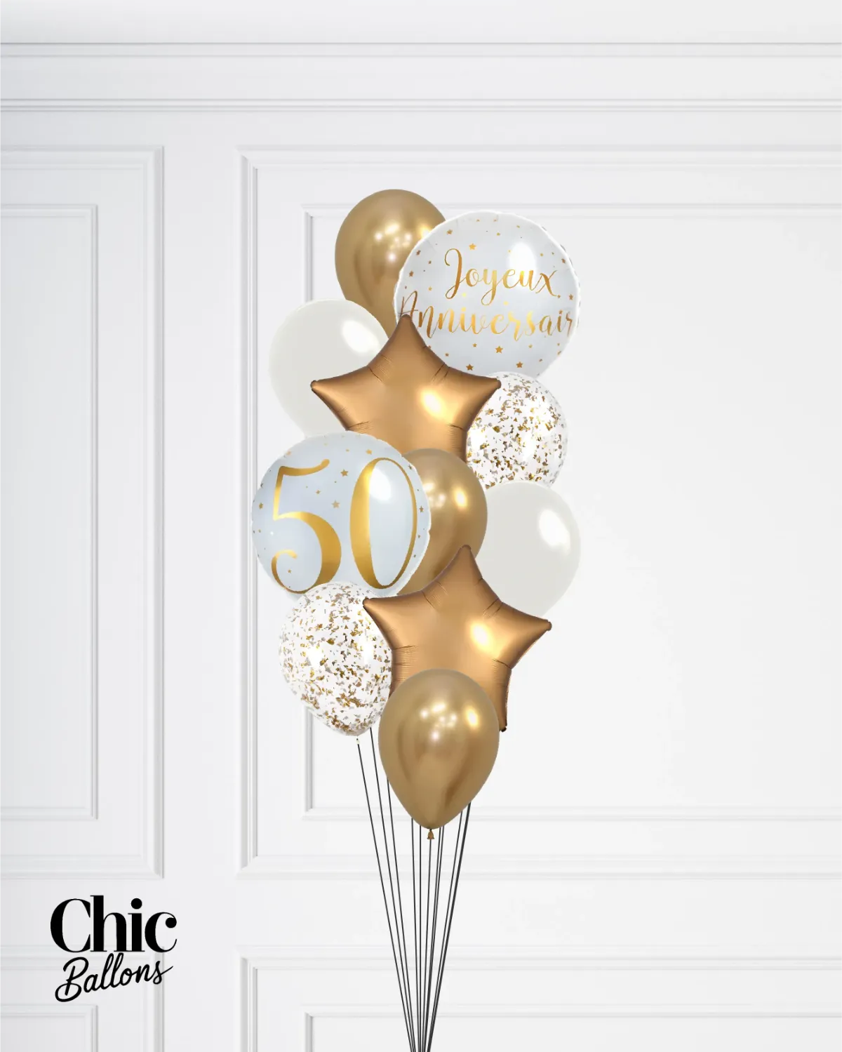 Bouquet de ballons - Bonne fête avec âge - Blanc et or