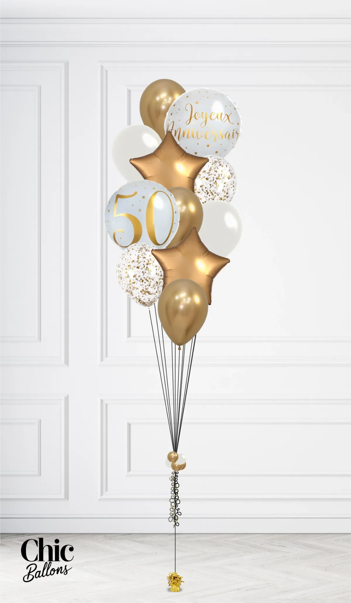 Bouquet de ballons - Bonne fête avec âge - Blanc et or