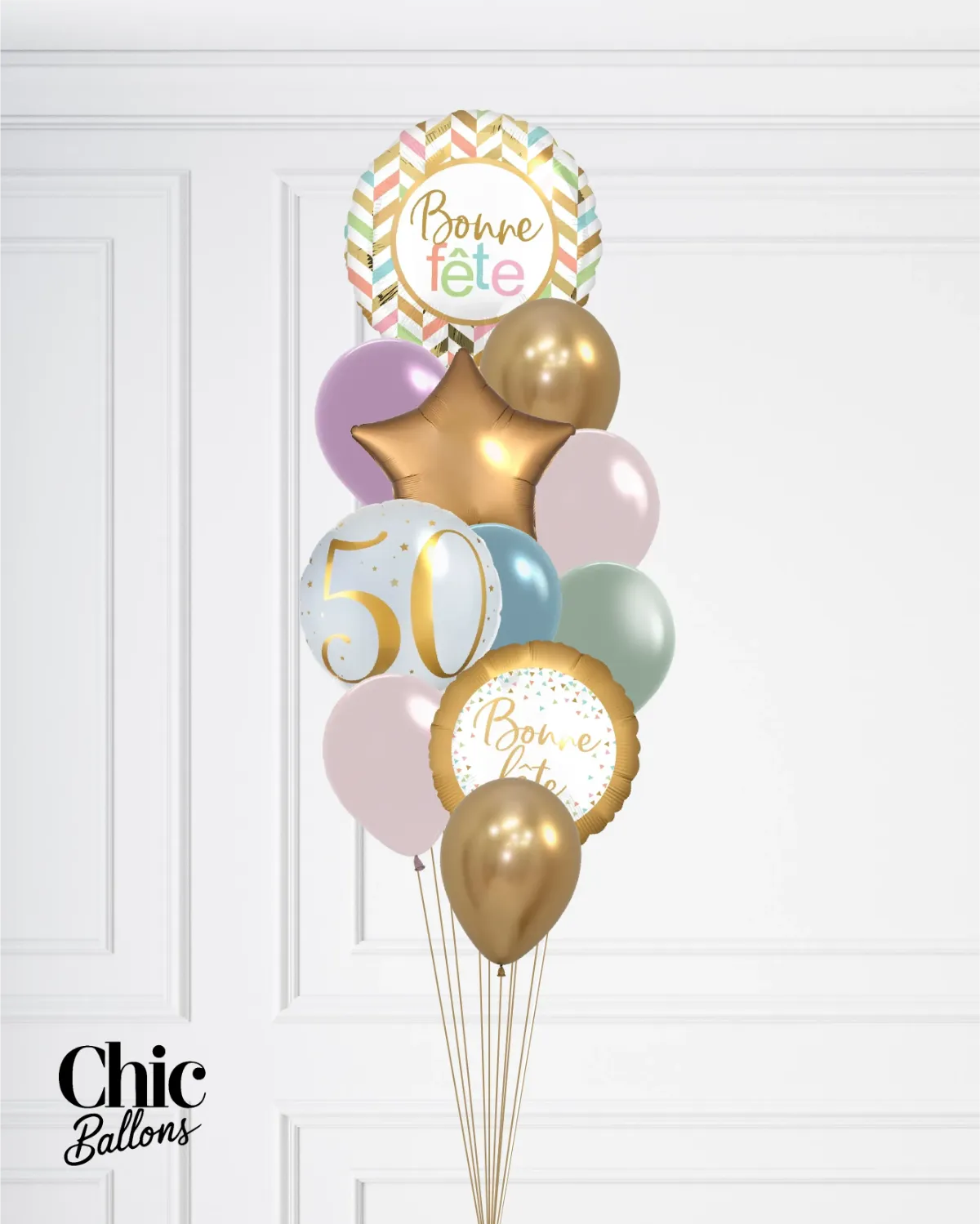 Bouquet de ballons - Bonne fête avec âge - Blanc, or et couleurs pastels