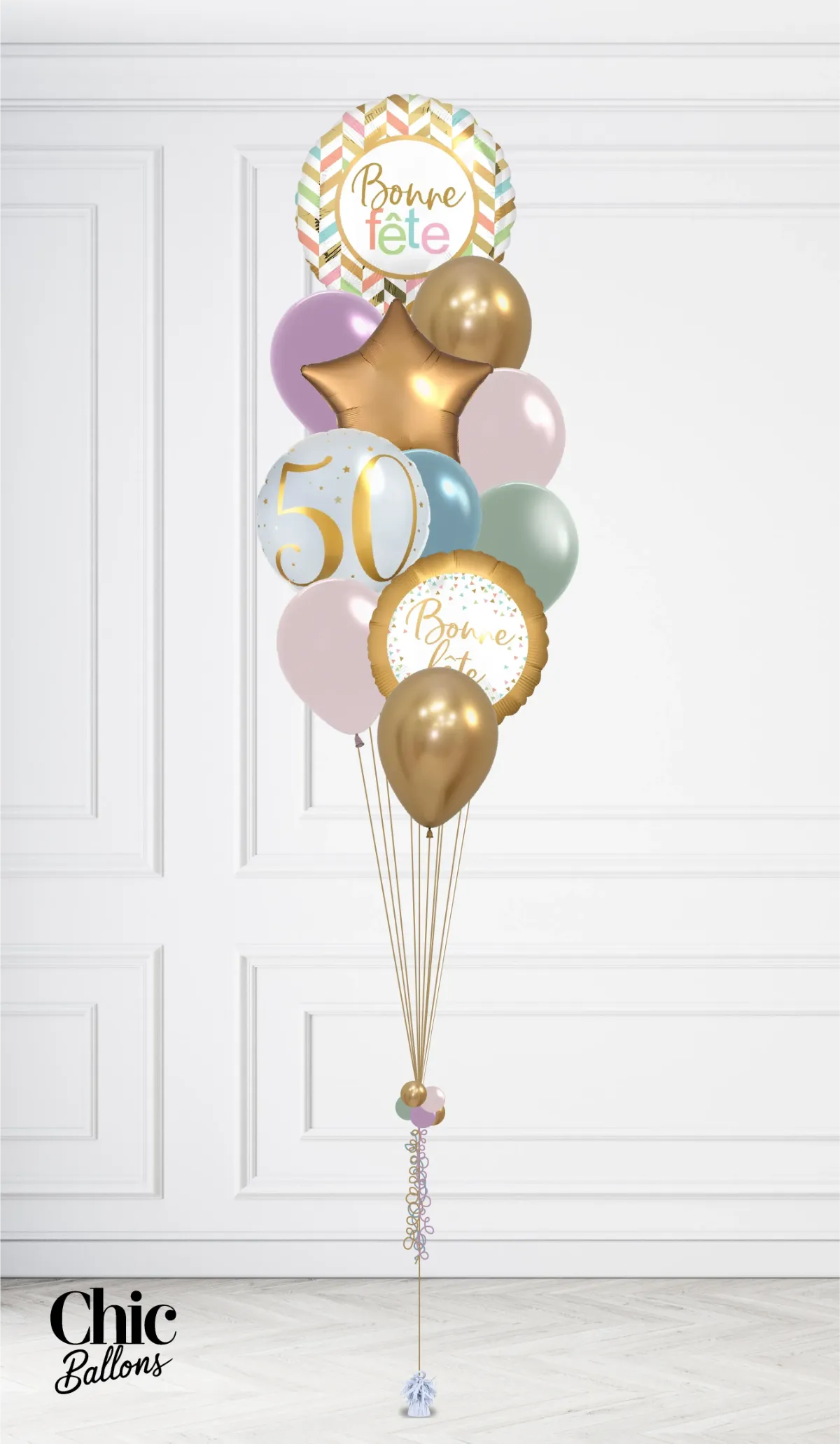 Bouquet de ballons - Bonne fête avec âge - Blanc, or et couleurs pastels